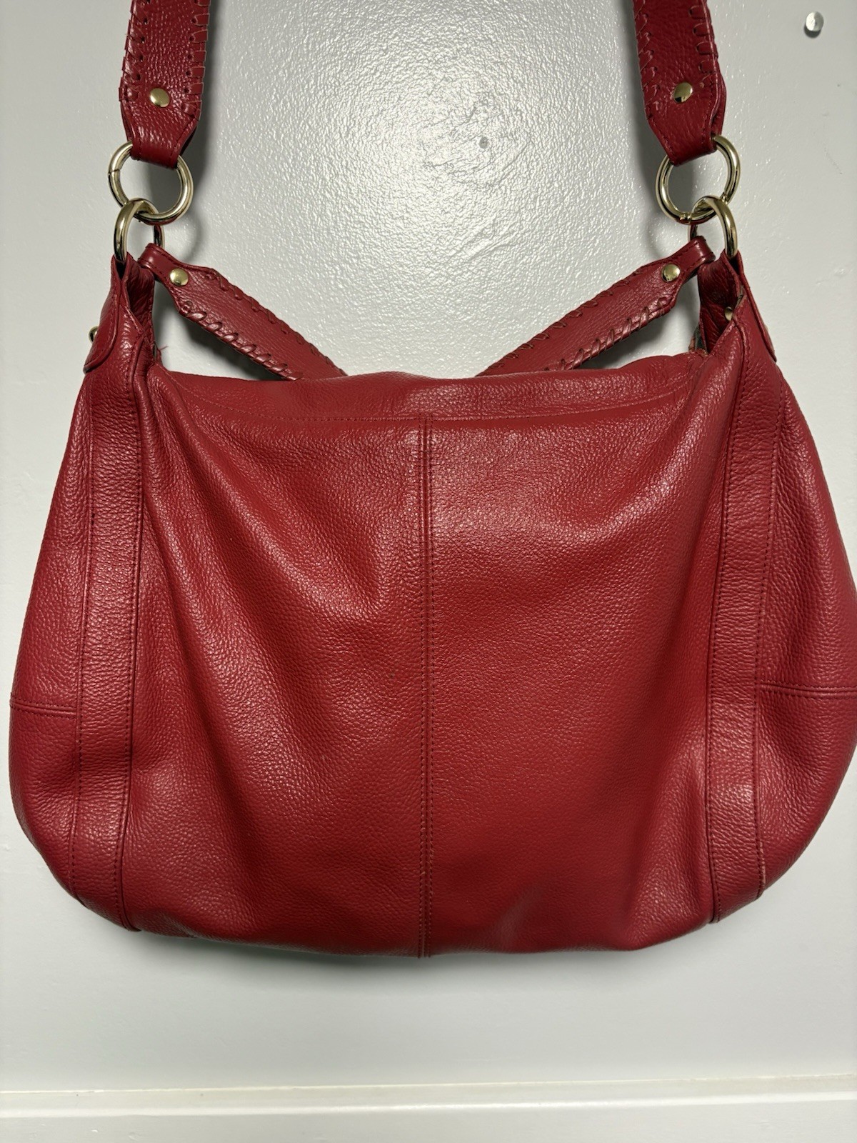 ONNA EHRLICH RACHEL Red Pebbled Leather Large Hobo Bag Purse Tassle Designer Zip