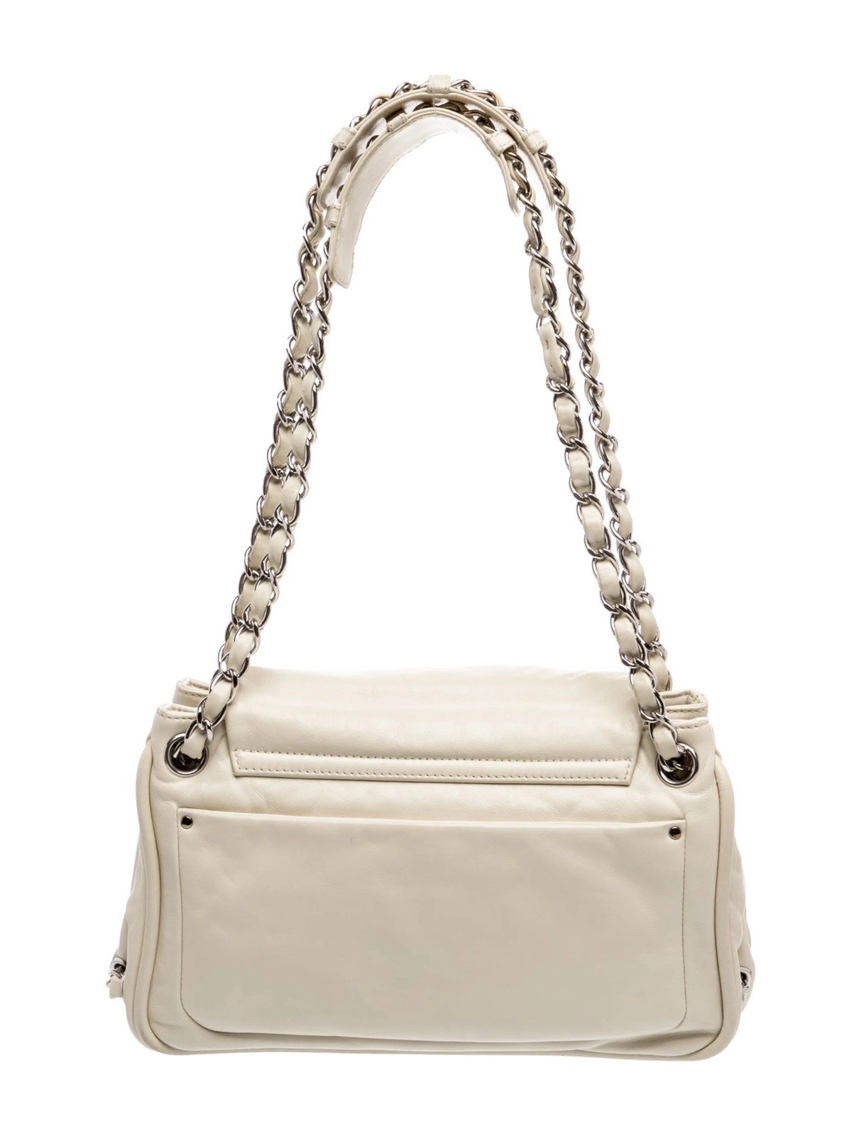Authentic CHANEL Beige Ivory Leather, Chain Trim Flap Shoulder Bag