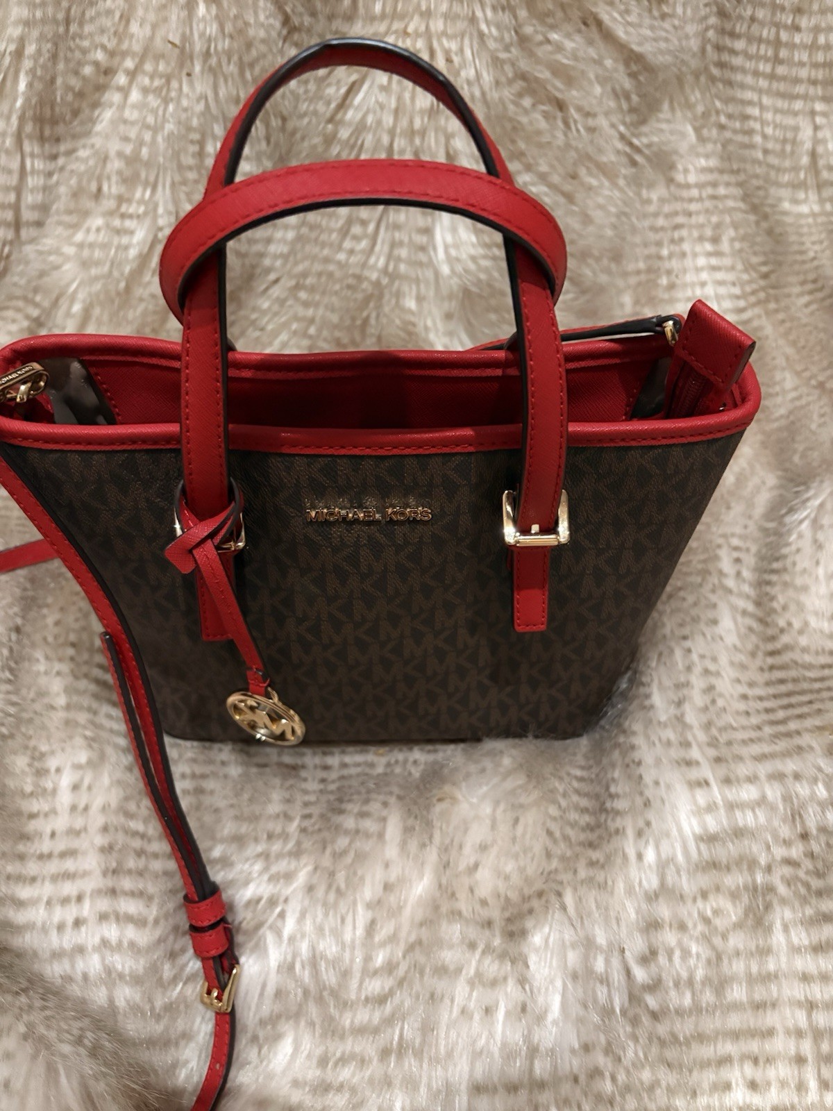 Michael Kors Small Tote Bag Brown/Red MK Logo, Double Handles, Gold Hardware