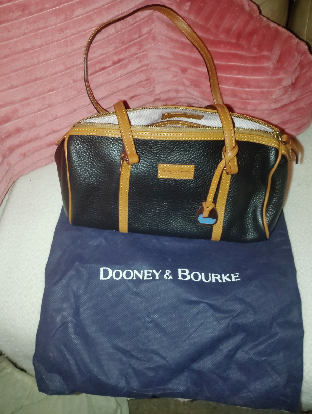 Dooney & Bourke Black/Brown Pebbled Satchel Zip Top Lined, Charm, Dust Bag