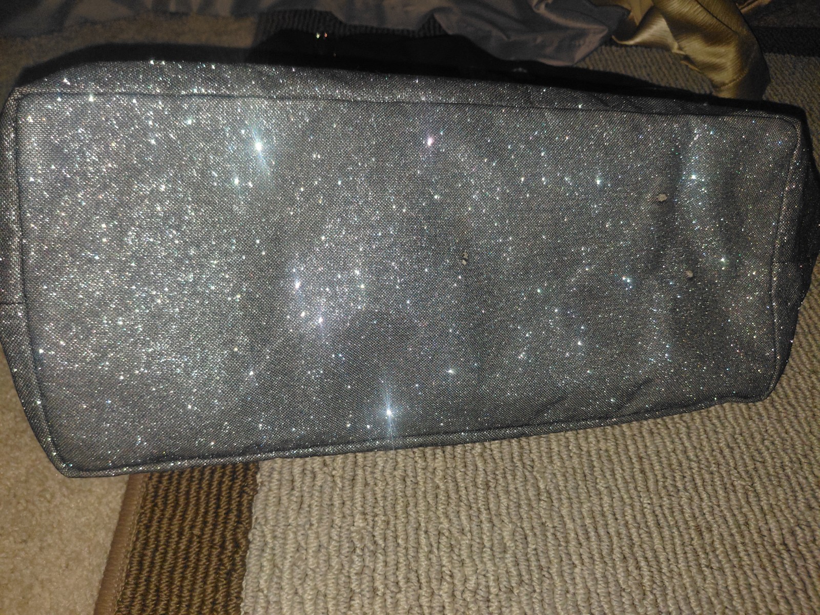 Victoria’s Secret Silver Metallic Glitter Logo Tote Zip Closure Black Handles