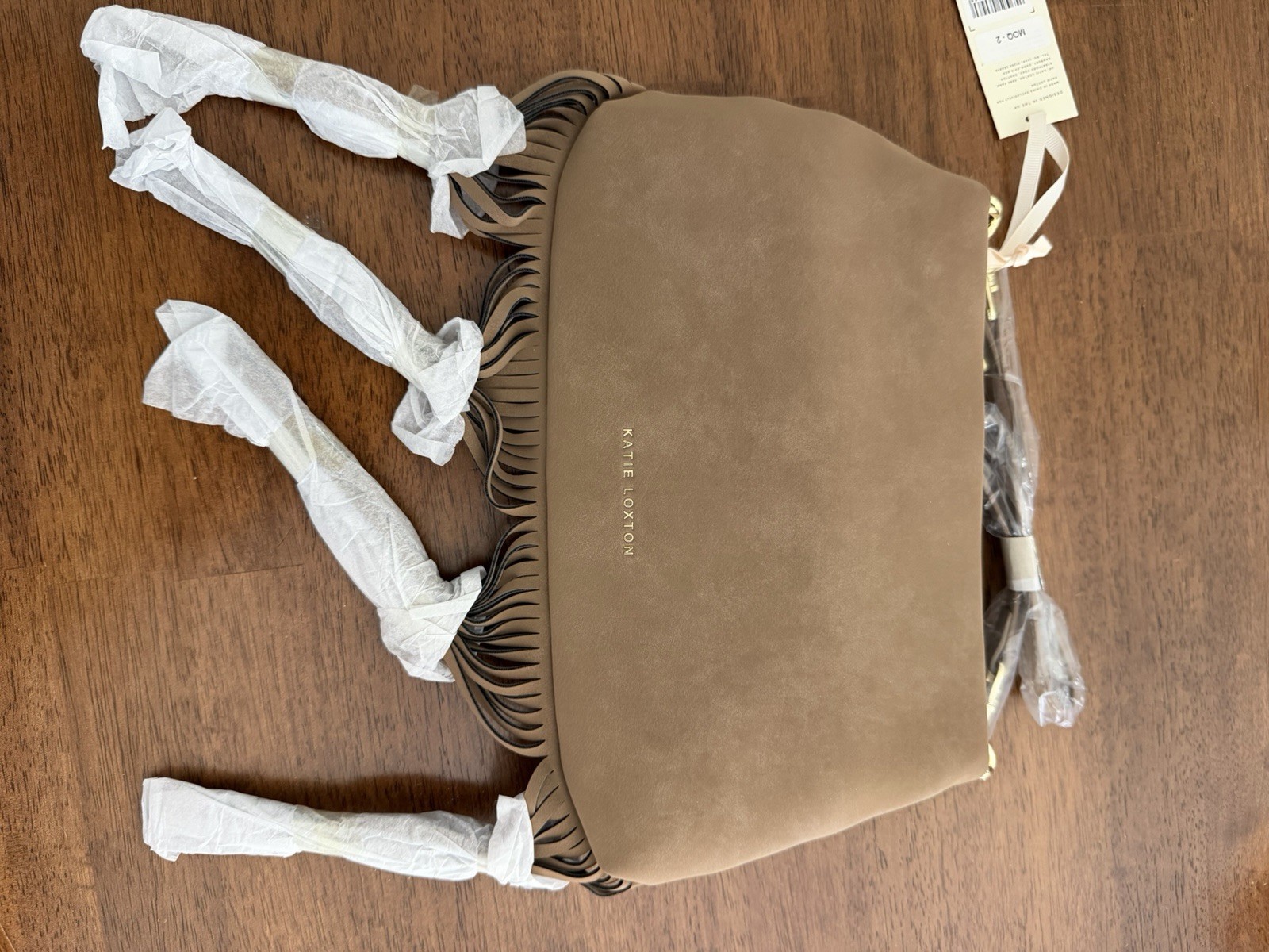 Katie Loxton Taupe Fringe Crossbody Bag Gold Hardware Zip Detachable Strap