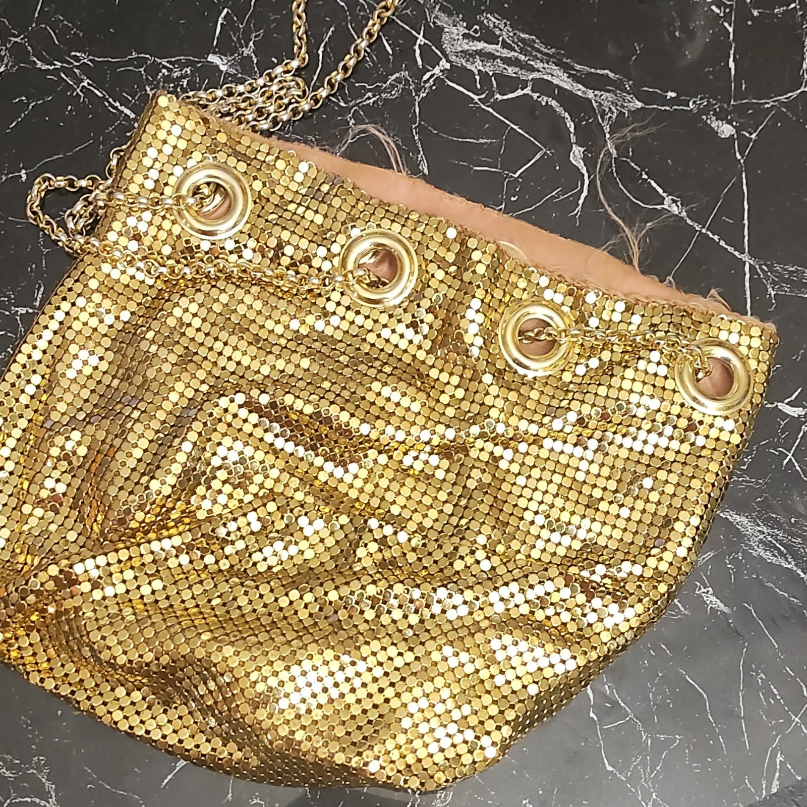 Gold Metallic Metal Mesh Drawstring Shoulder Bag Purse w/ Chain Strap