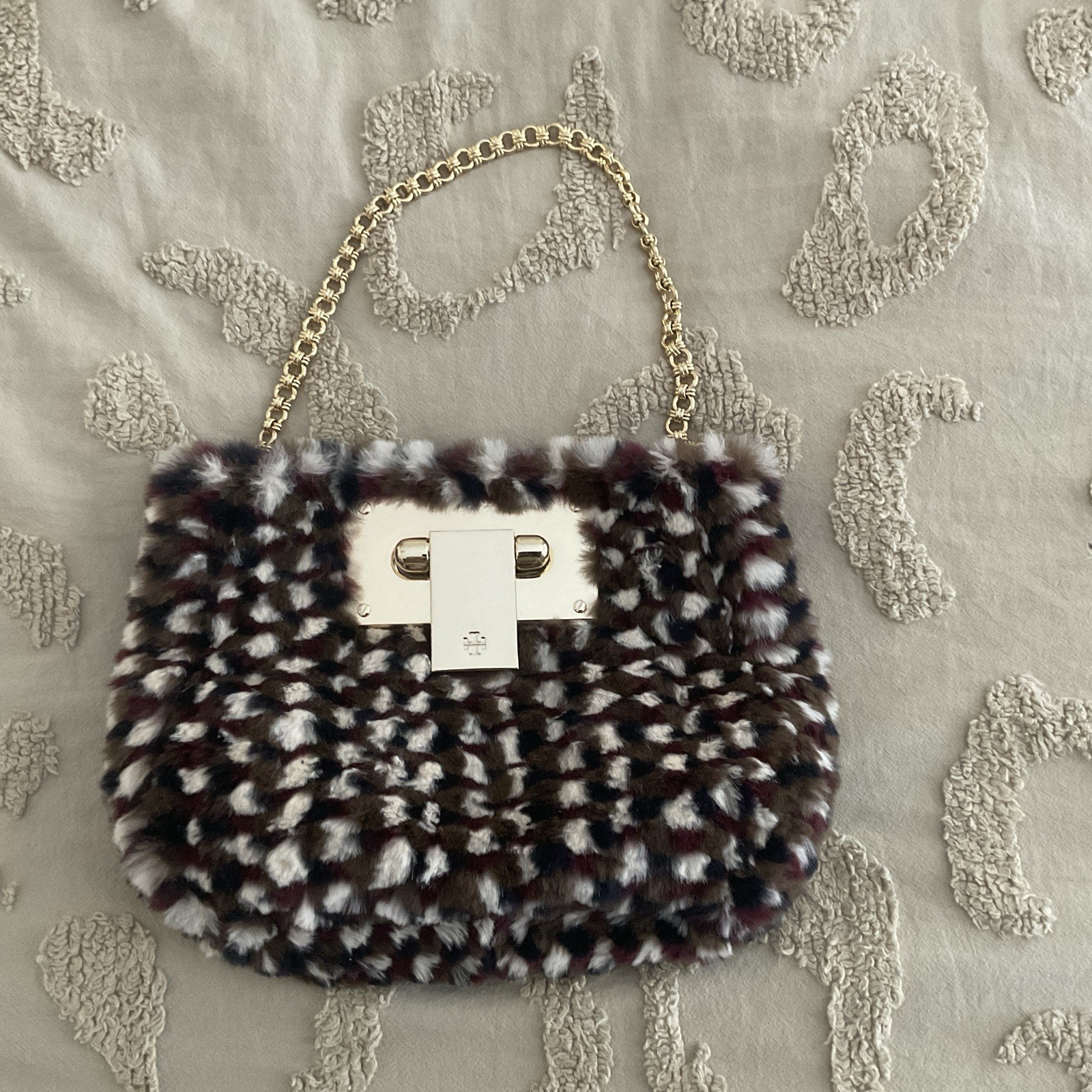 Tory Burch Clutch Rabbit Fur Multicolored gold accents w/ gold chain strap rare