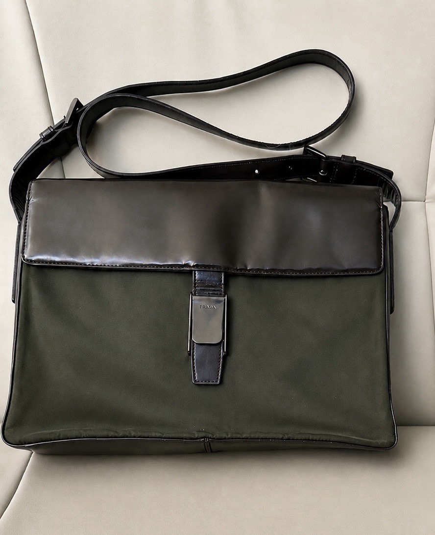 Vintage Prada Olive Tessuto Nylon Brown Leather Flap Crossbody Bag Authentic