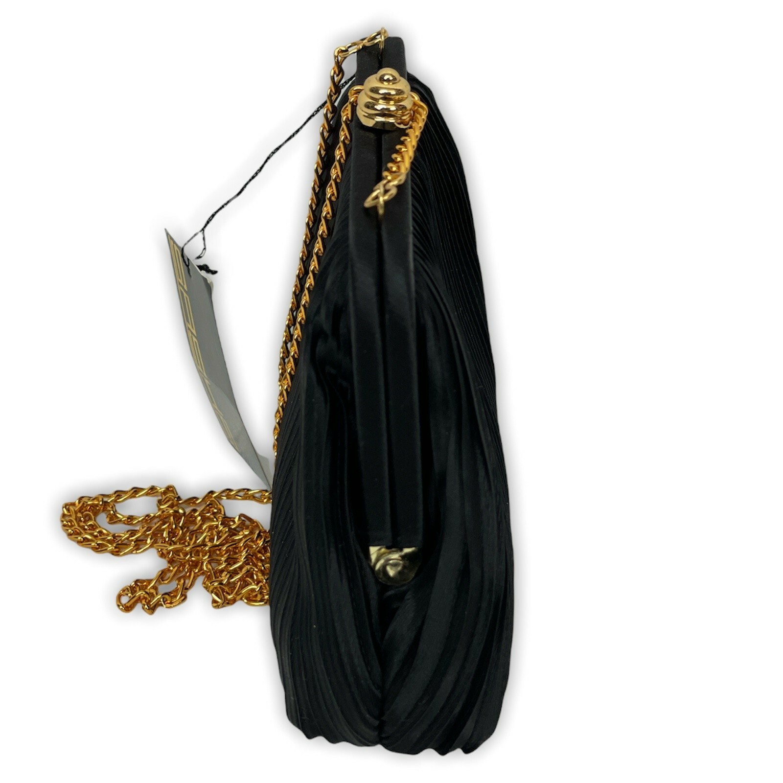 Women’s Formal Small Black Snap Close Purse Gold Color Strap Chain Ribbed — NWT