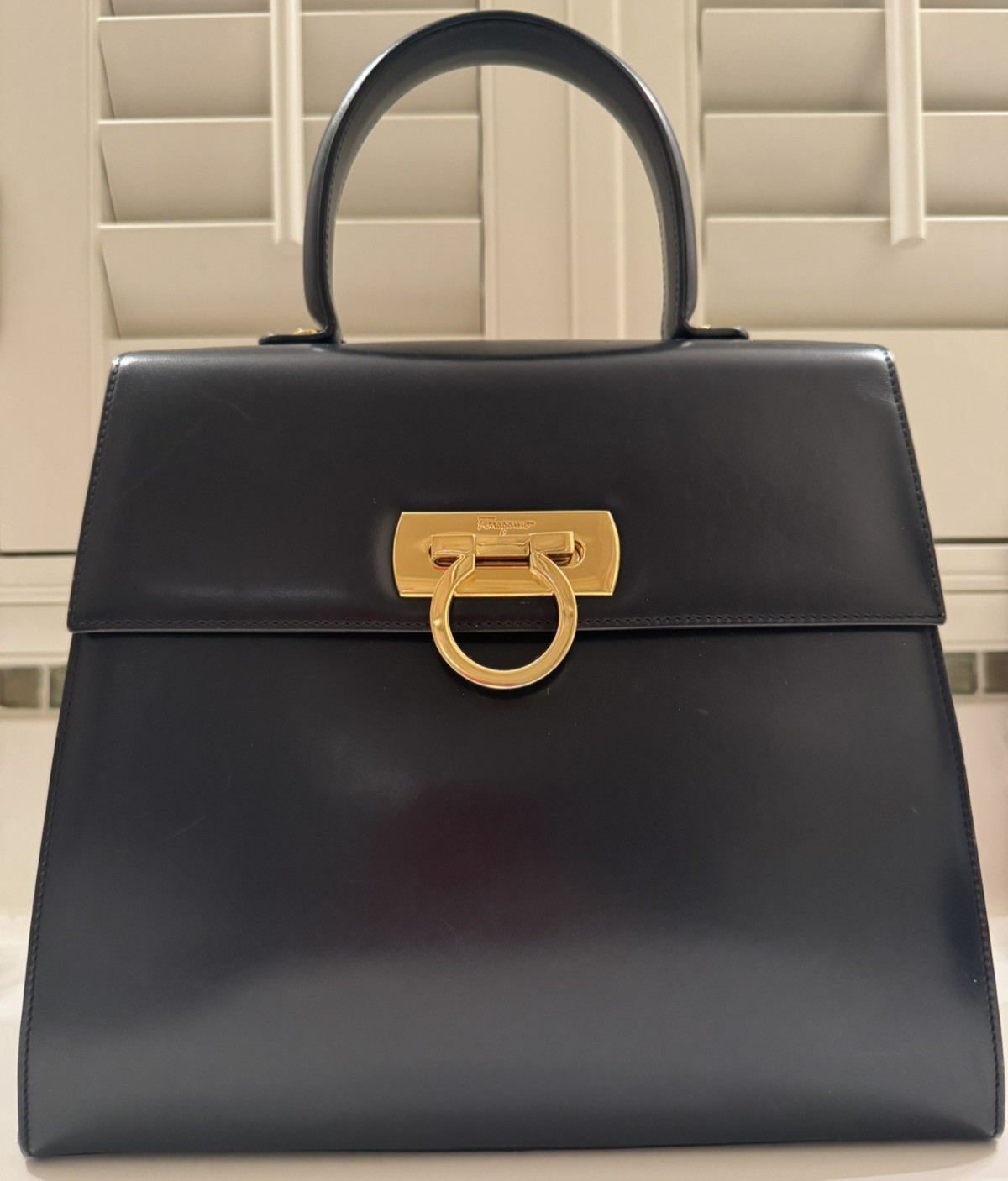 Salvatore Ferragamo Gancini Leather Hand Bag Black Gold Hardware