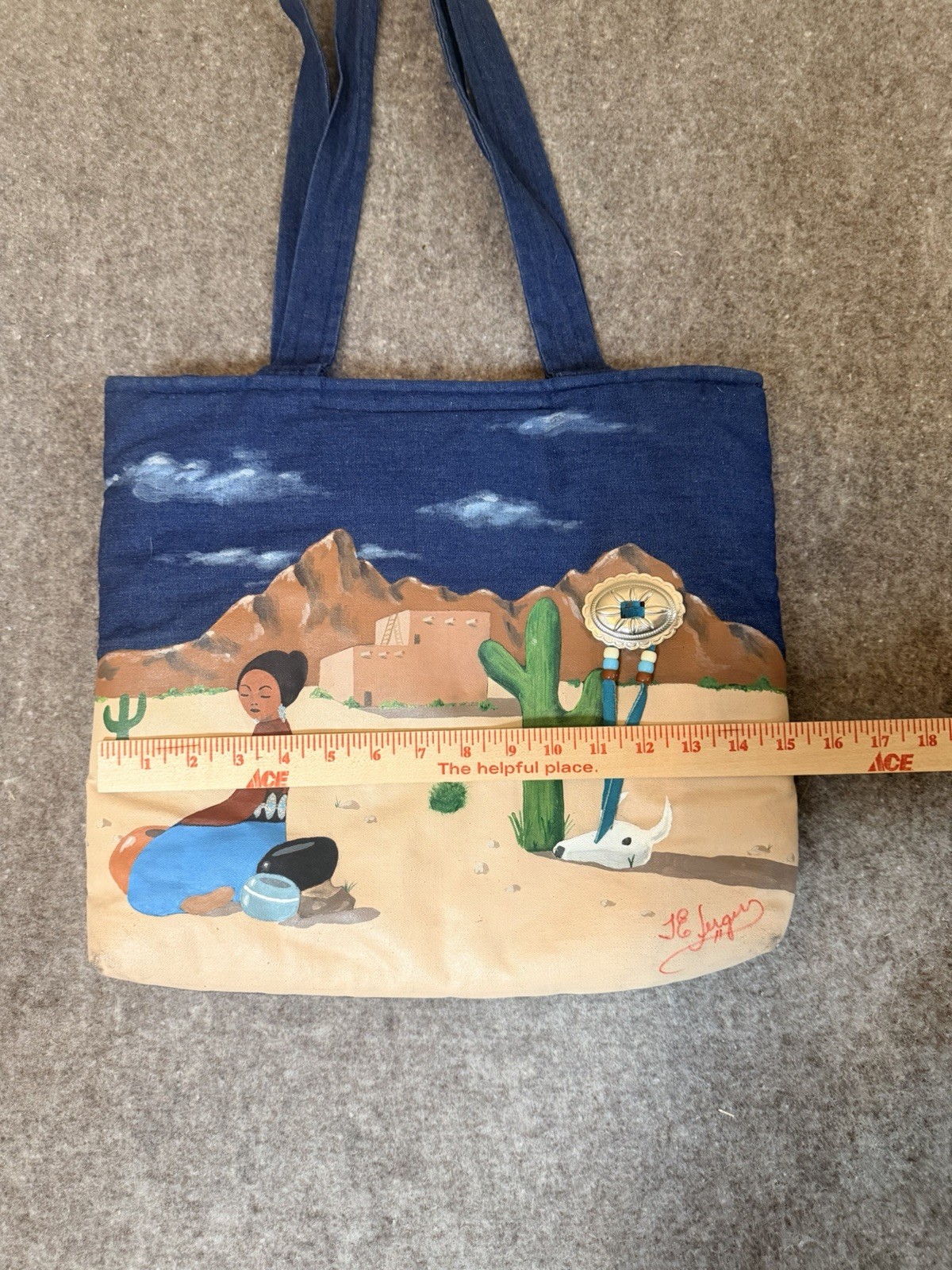 Vintage J.E. Jergens Hand Painted Tote Bag Signed Southwestern Concho Boho
