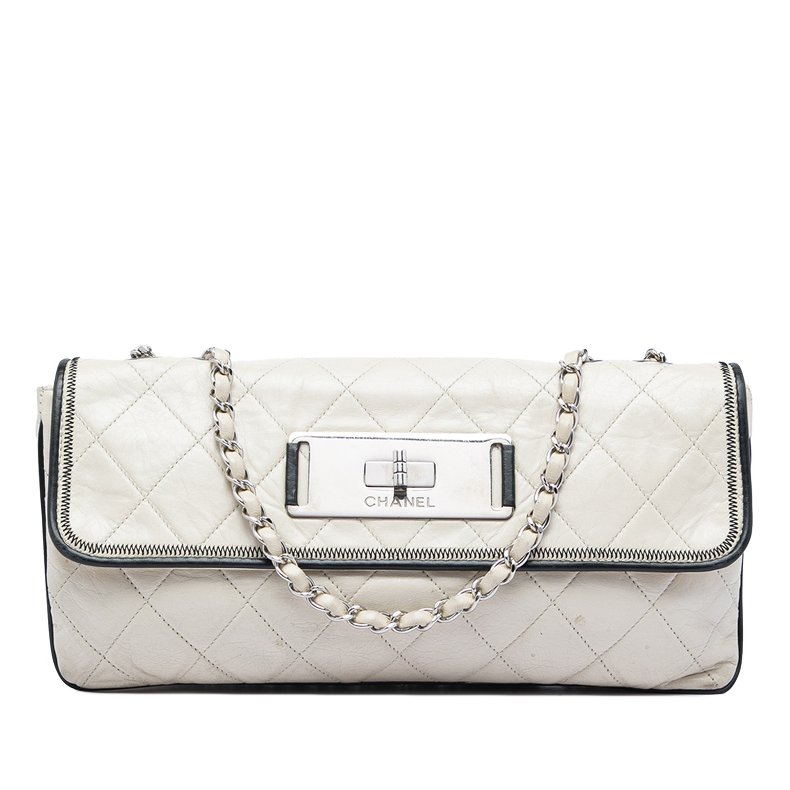 Chanel Quilted Aged Lambskin Reissue 2.55 East West Flap Shoulder Bag Ivory