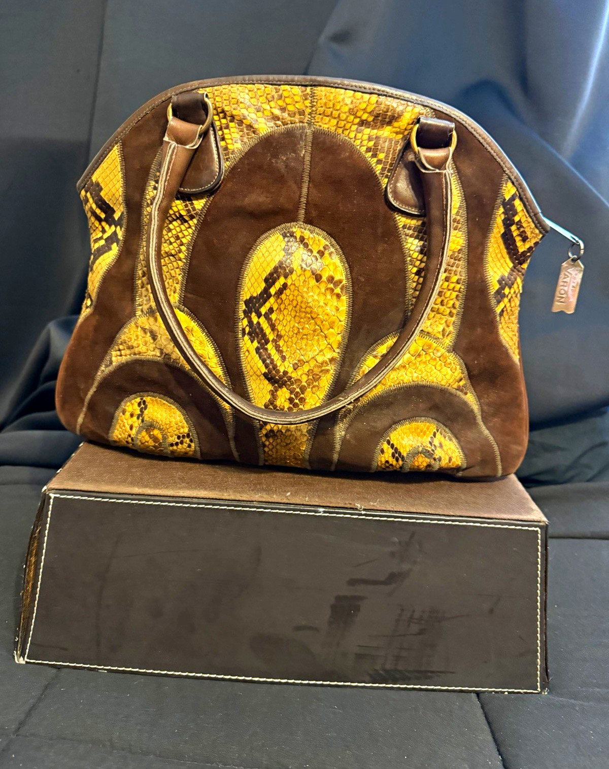 Varon Brown Tan Snake Print Satchel Top Handle Zip Gold Hardware Inner Pockets