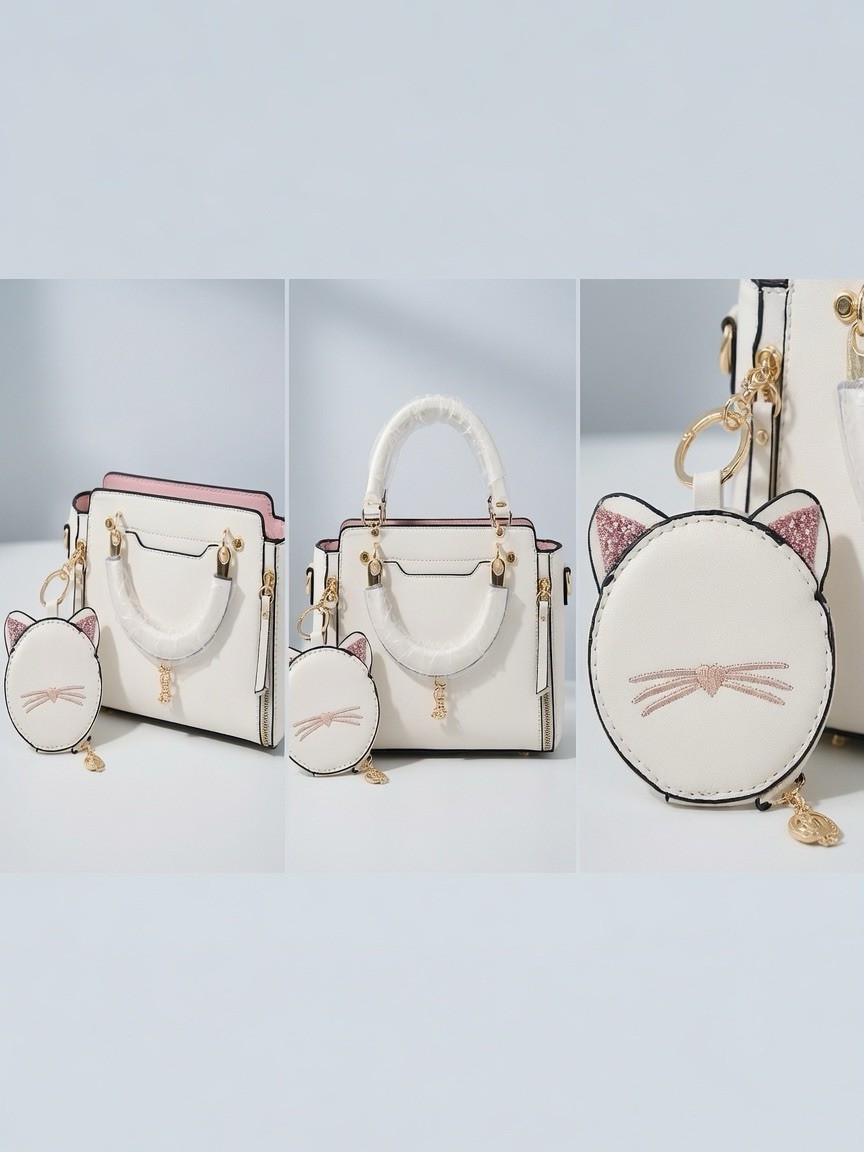 Dunberle Women’s White Pink Satchel Top Handle Bag Zip Detachable Strap Cat Coin