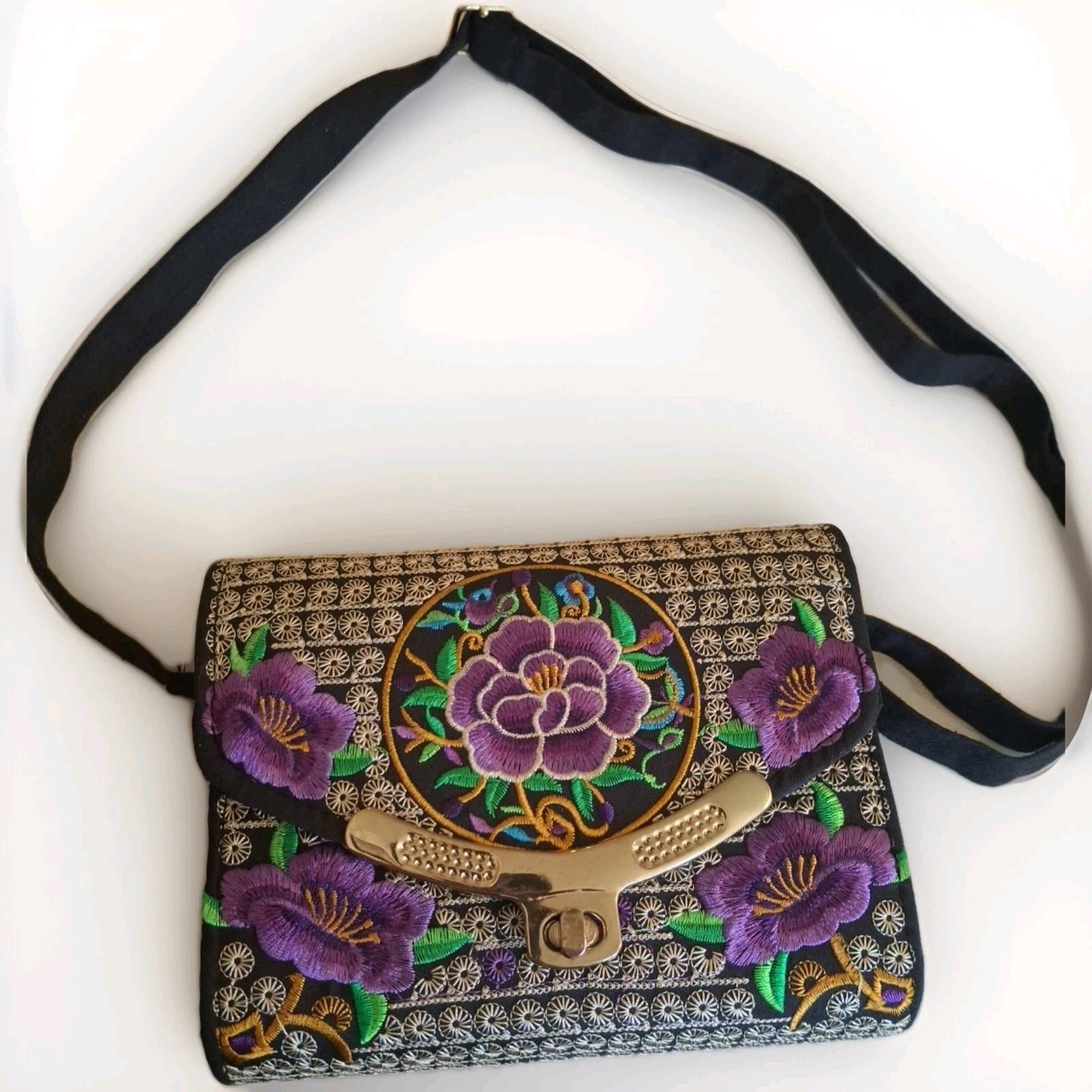 Purple And White Purse Florial Embroidery Design Adustable Strap Light Use
