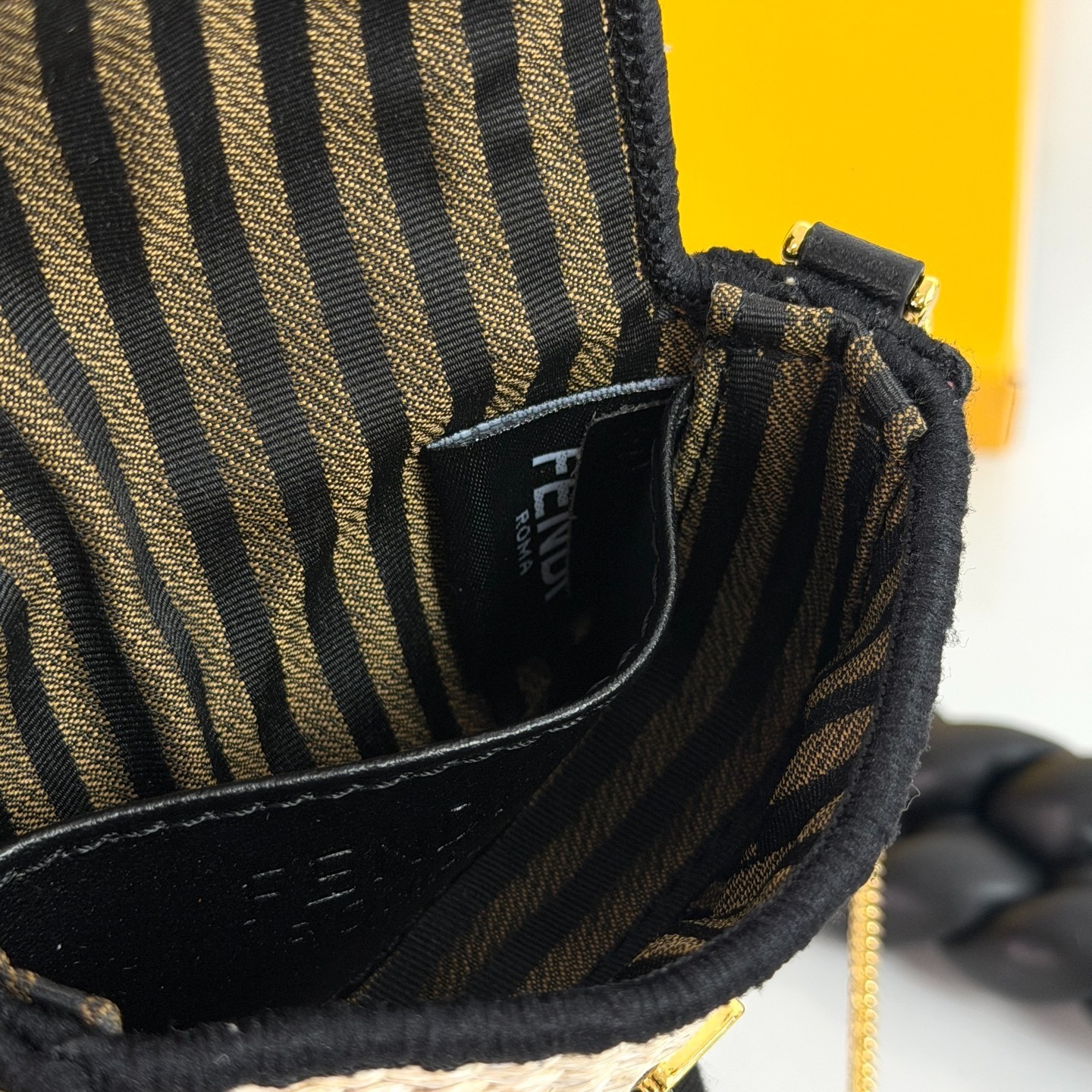 Fendi Nano Baguette Mini Raffia Crossbody Bag Woven Beige Black Chain Strap