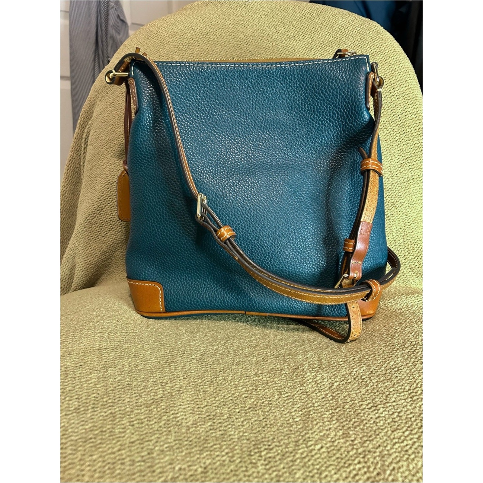 Dooney & Bourke Teal Pebble Leather Crossbody with Tan Trim and Gold Hardware