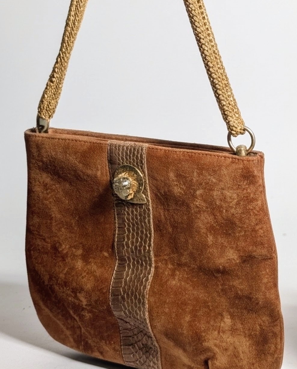 Ruth Saltz Brown Suede Shoulder Bag Gold Chain Strap Snake Embossed Vintage