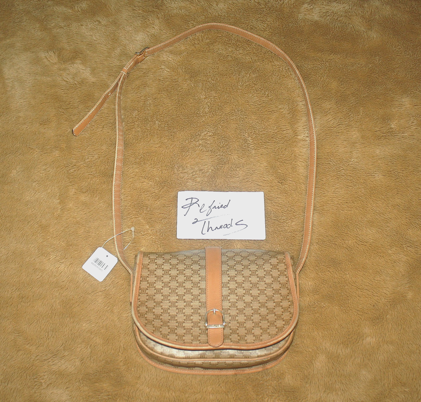 VTG Celine Italy Triomphe Macadam Crossbody Bag Tan Leather Beautiful Patina