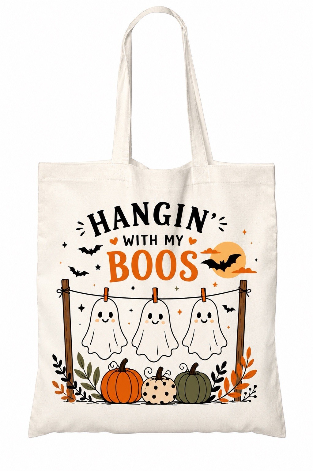 Hangin’ With My Boos Halloween Canvas Tote Bag – Cute Ghost Pumpkin Reusable