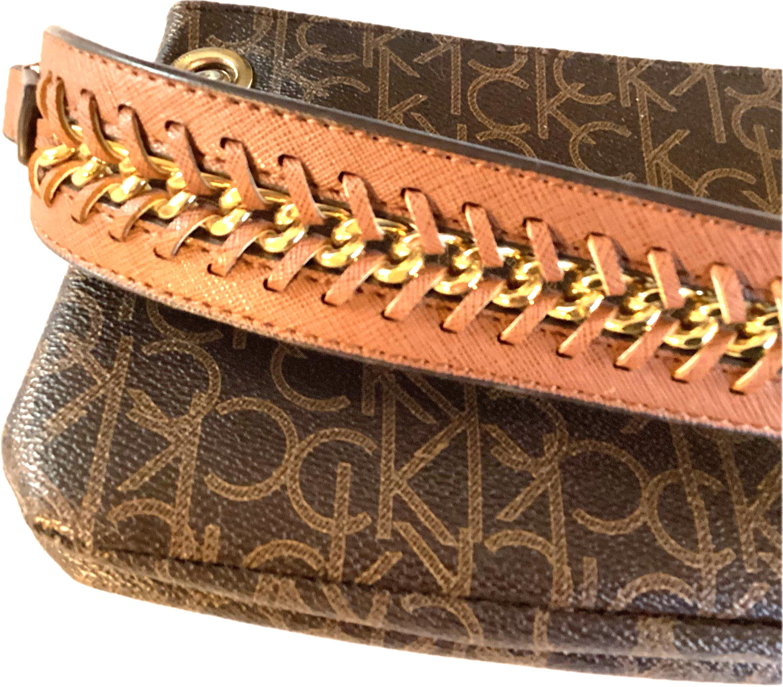 CALVIN KLEIN SHOULDER BAG LOGO PATTERN BRAIDED CHAIN HANDLE