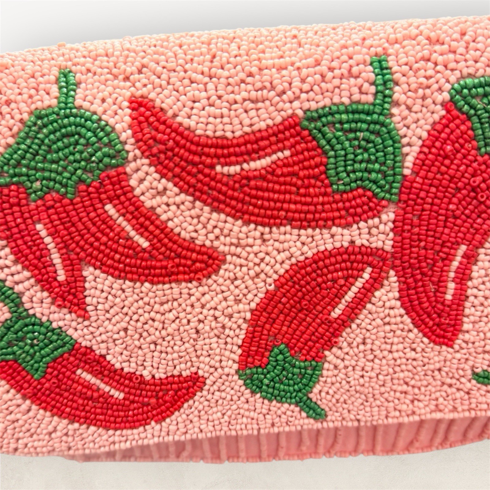 Women’s Small Pink Beaded Chili Pepper Shoulder Bag, Hand embroidery