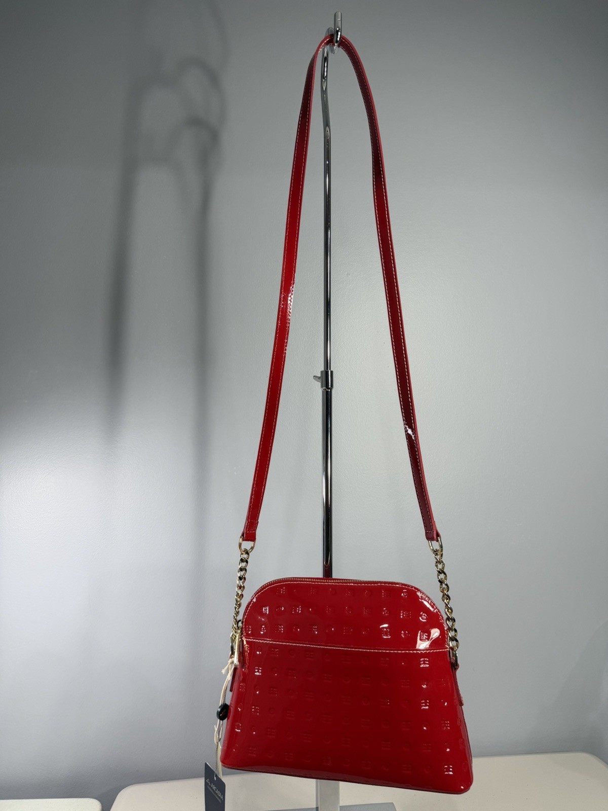 Arcadia Red Logo Patent Finish Zip Shoulder Bag Gold Chain Strap Dust Bag