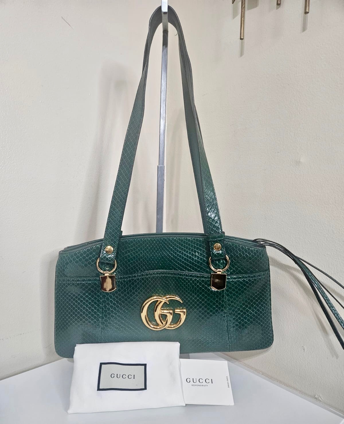 Gucci Large Arli Top Handle Shoulder Bag Green Python Snakeskin Gold GG 550130