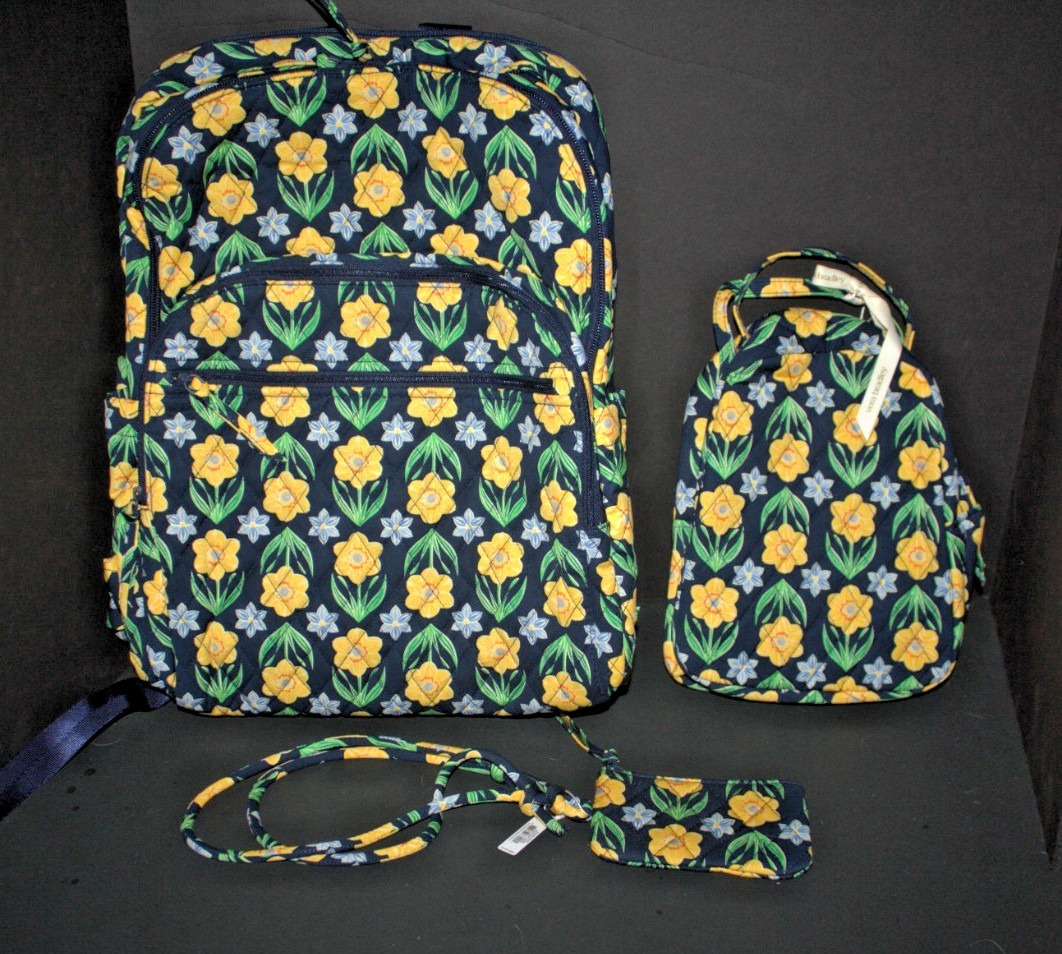 Vera Bradley Large Bancroft Backpack Daffodils & LUNCH BUNCH Lan SET NWT