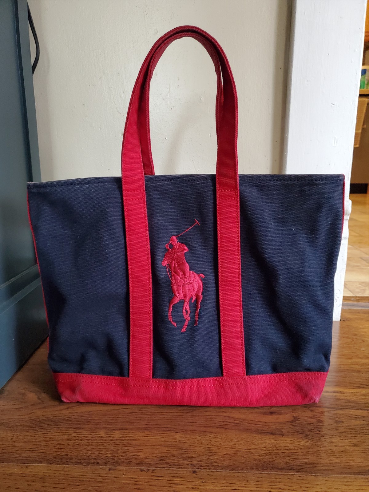 RALPH LAUREN Signature POLO Logo NAVY BLUE RED Canvas Tote Bag
