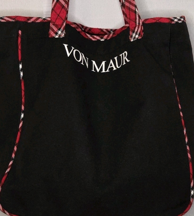Von Maur Cotton Tote Bag Black With Red Plaid Straps