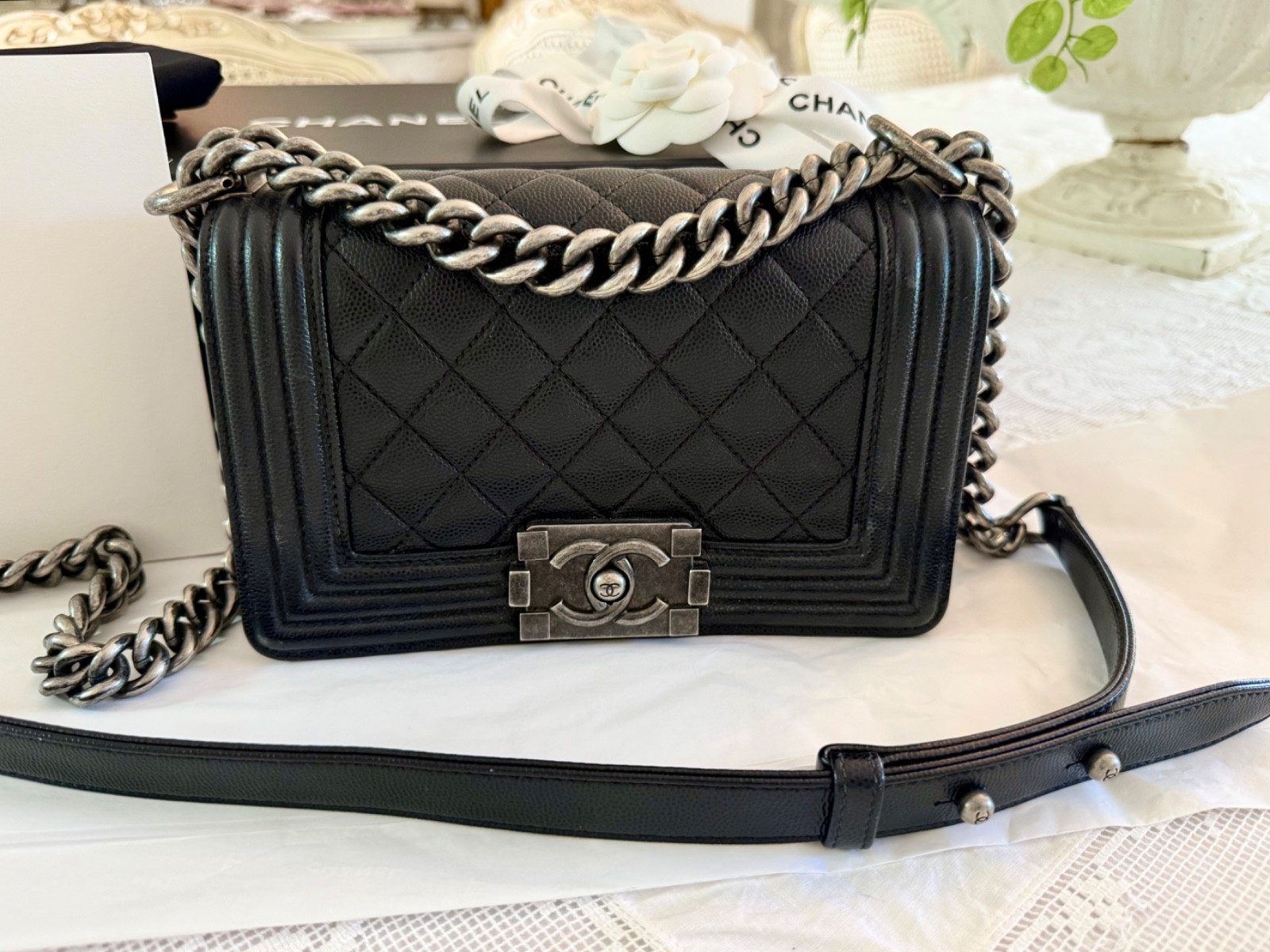 CHANEL Small Le Boy Caviar Quilted Leather Flap Bag Black 2018-2019 Karl
