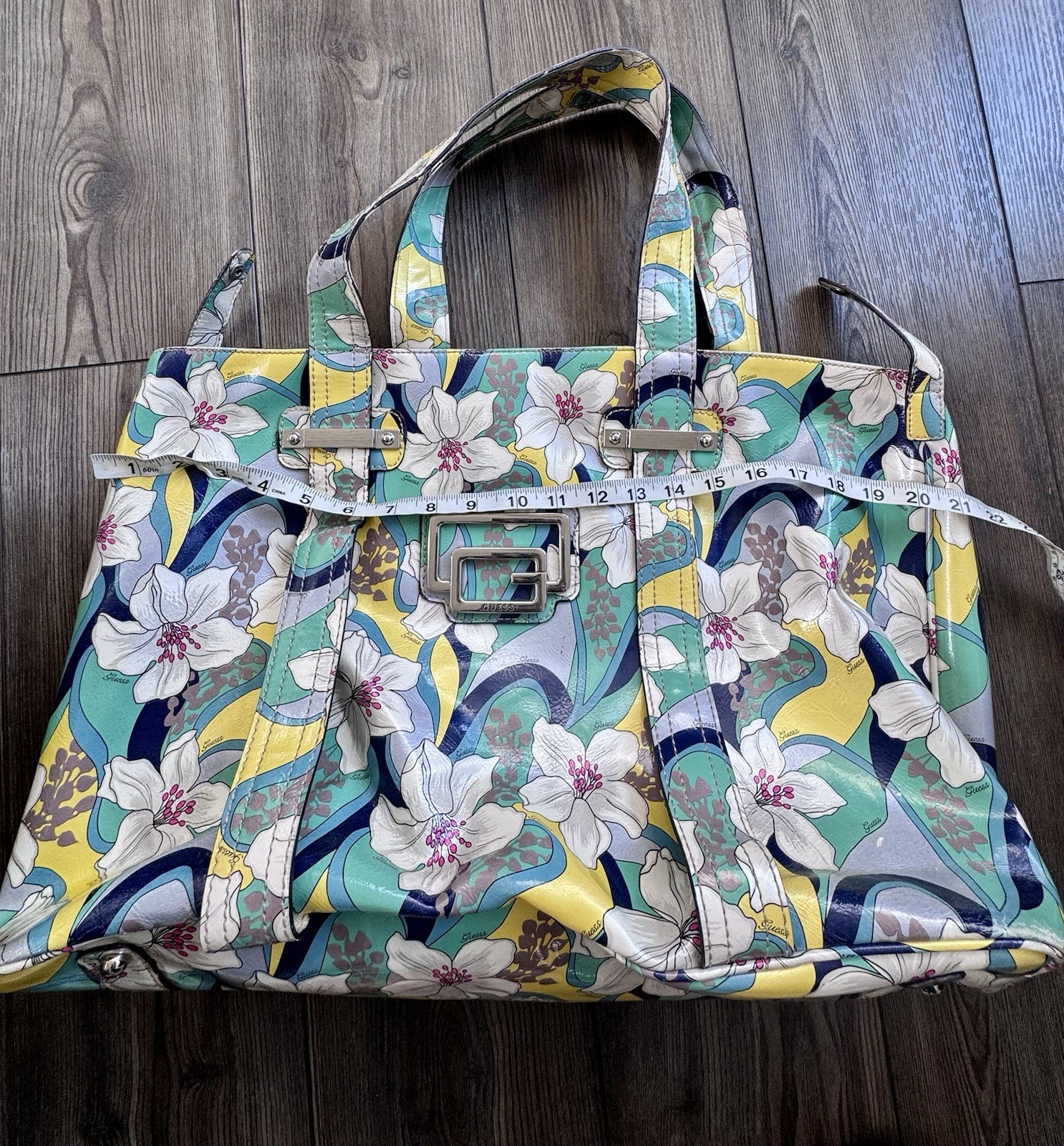 Guess Floral Tote Bag Purse Green Yellow White Gray Navy Blue Y2K Vintage