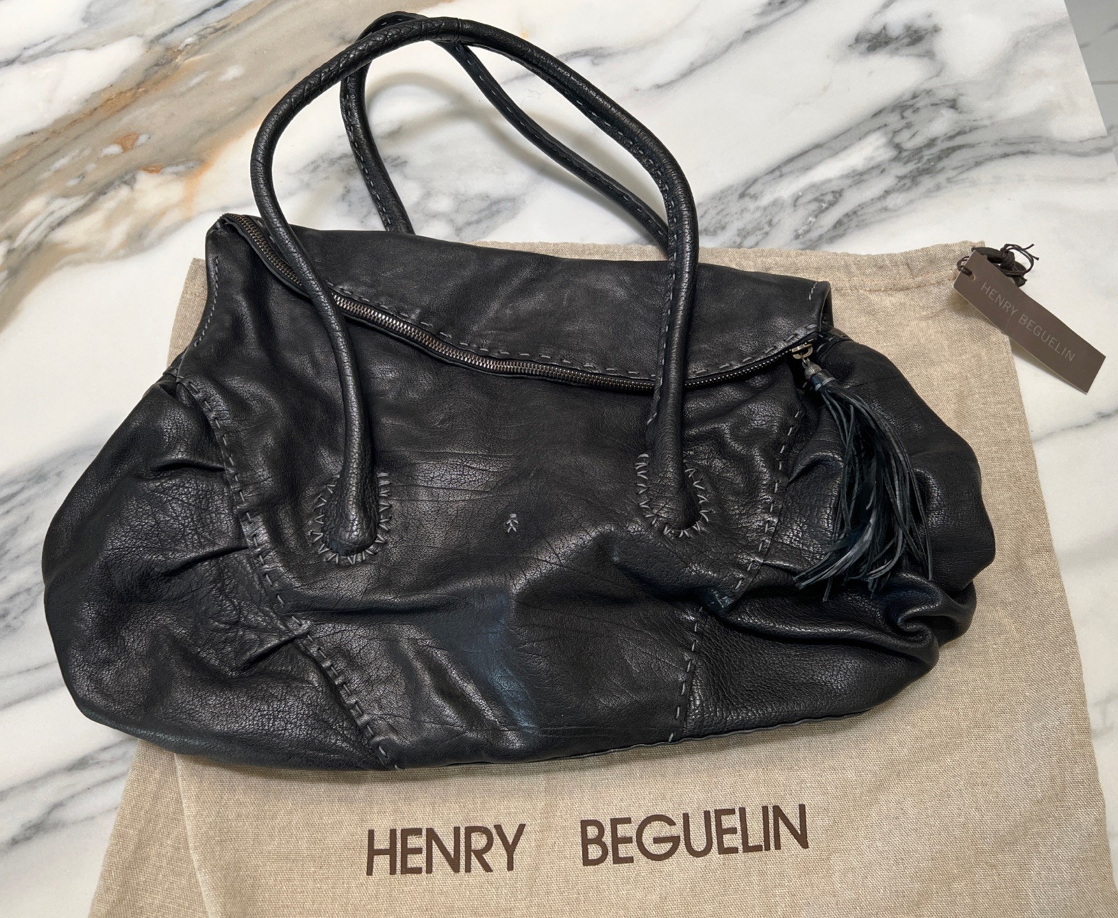 HENRY BEGUELIN Croco Embossed Leather Omino Embroidery Tote Bag Black . New