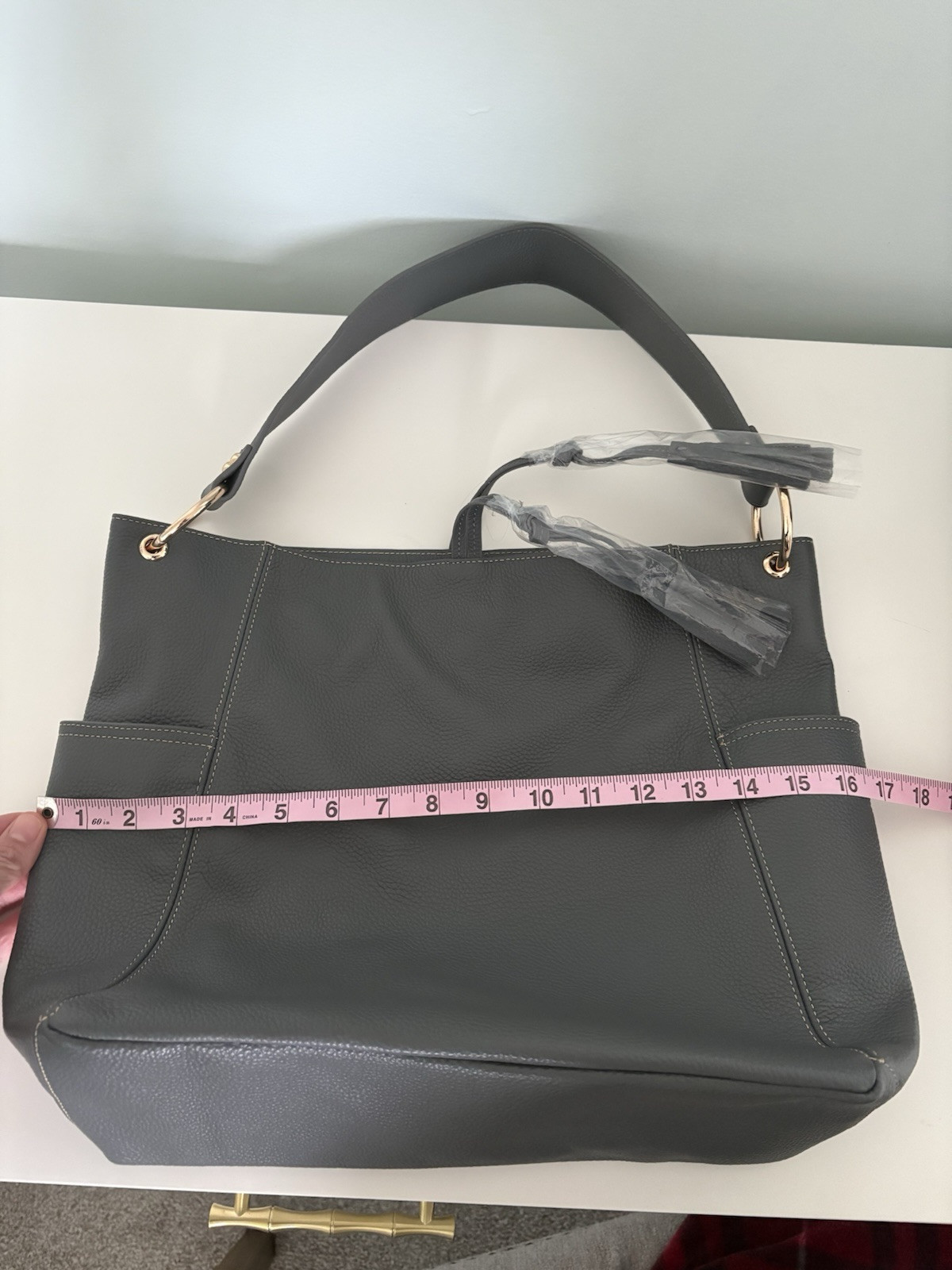 LAGGO Julia Cashmere Gray pebbled genuine leather shoulder bag | Retails $595