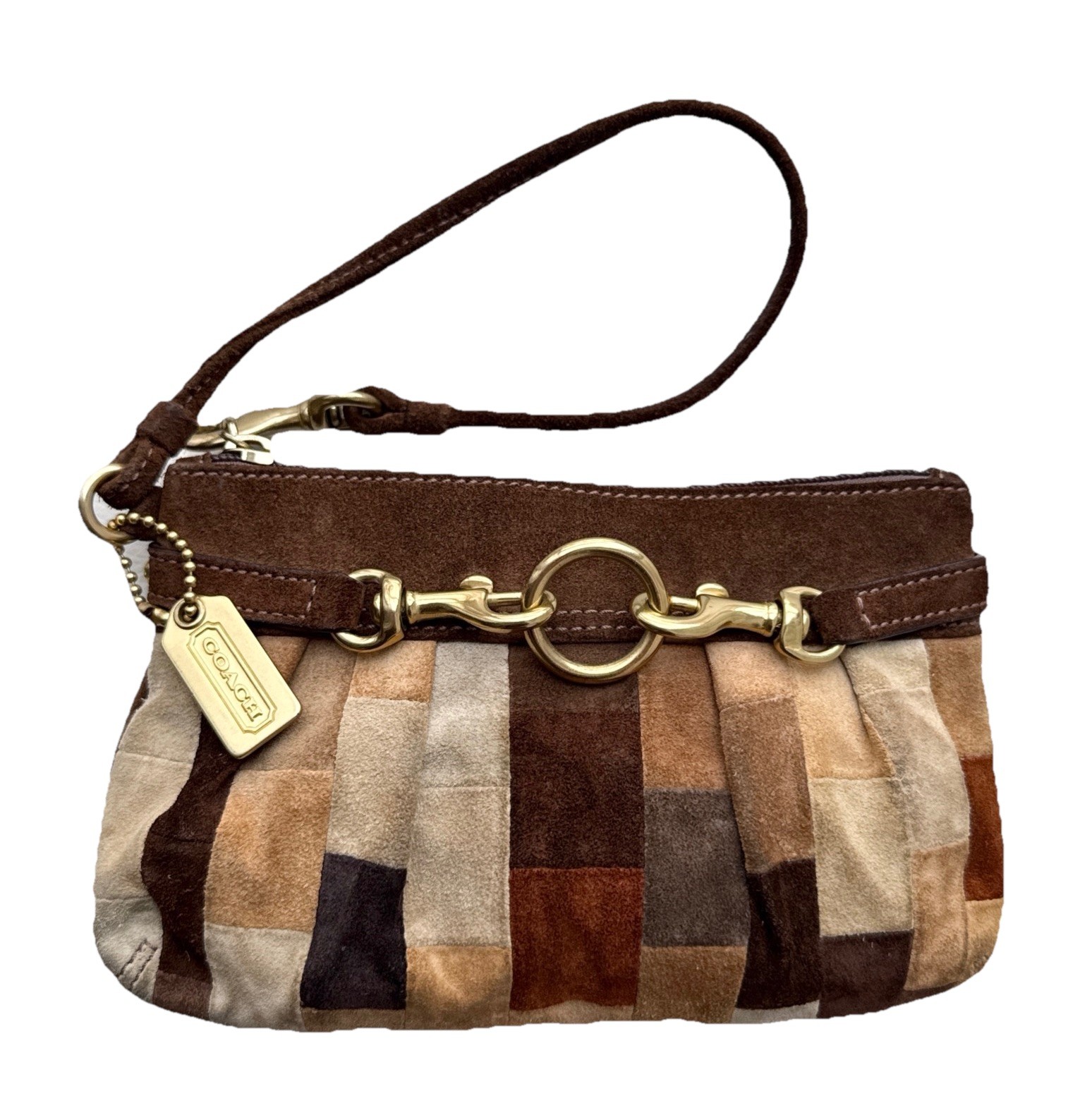 Coach Suede Mosaic Brown Pattern Wristlet Purse Wallet Chainlink Y2K Vintage