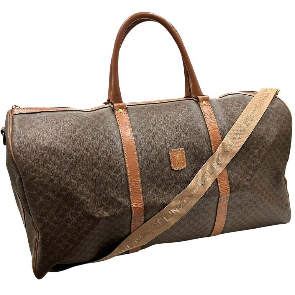 Auth CELINE Macadam Boston Bag Brown Leather Canvas Travel Gold w/Shoulder Strap