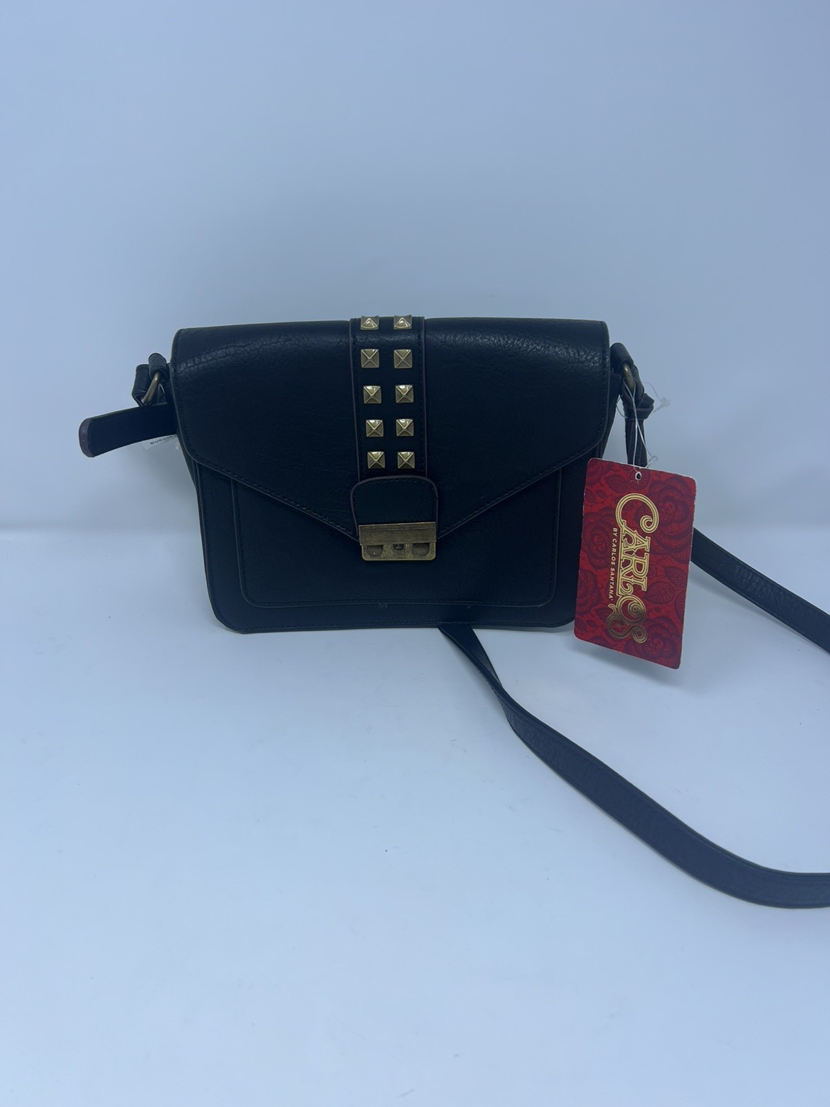 NEW CARLOS SERENA BLACK LEATHERETTE+ANTIQUE GOLD TONE STUDS,FLAP CROSSBODY,BAG
