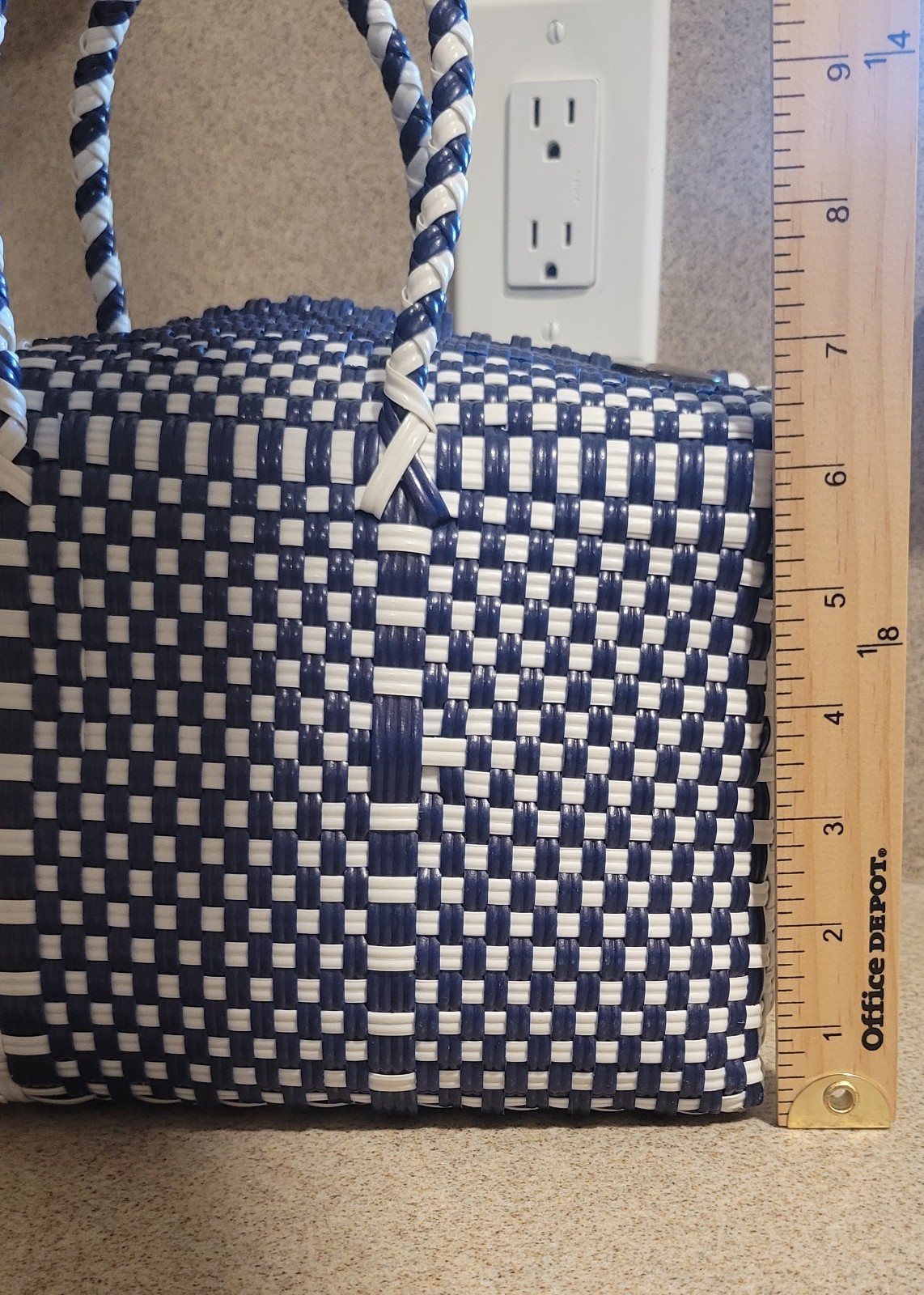 Artisan Woven Recycled Plastic Navy White Carry Tote Basket Market Bag Small NEW