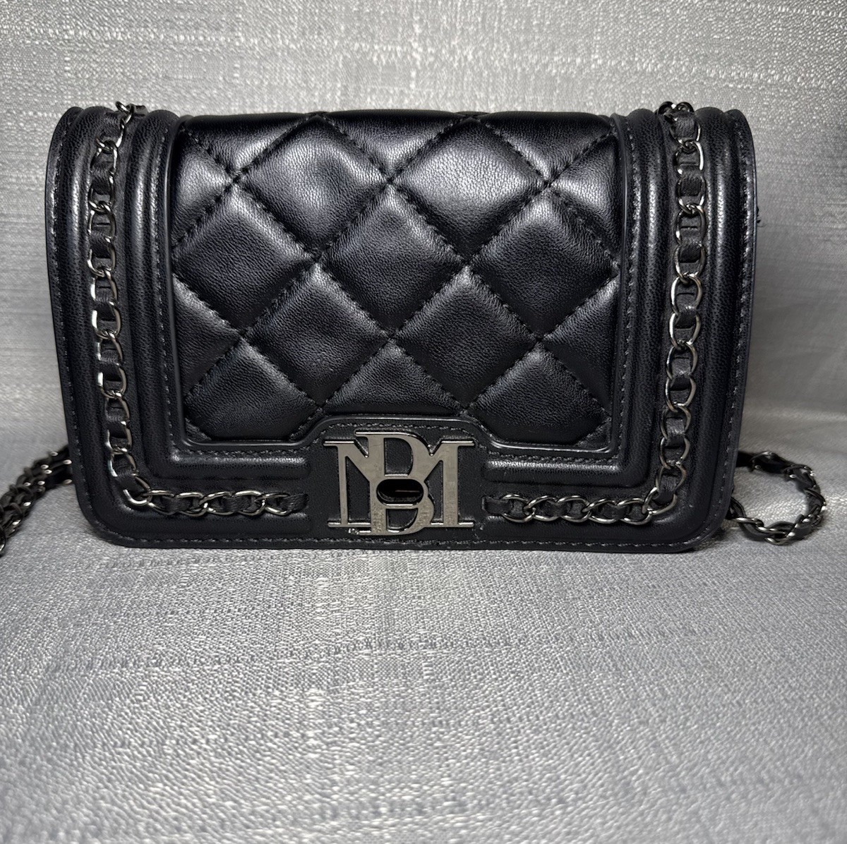 Badgley Mischka Black Quilted Shoulder Bag Chain Strap Logo Accent