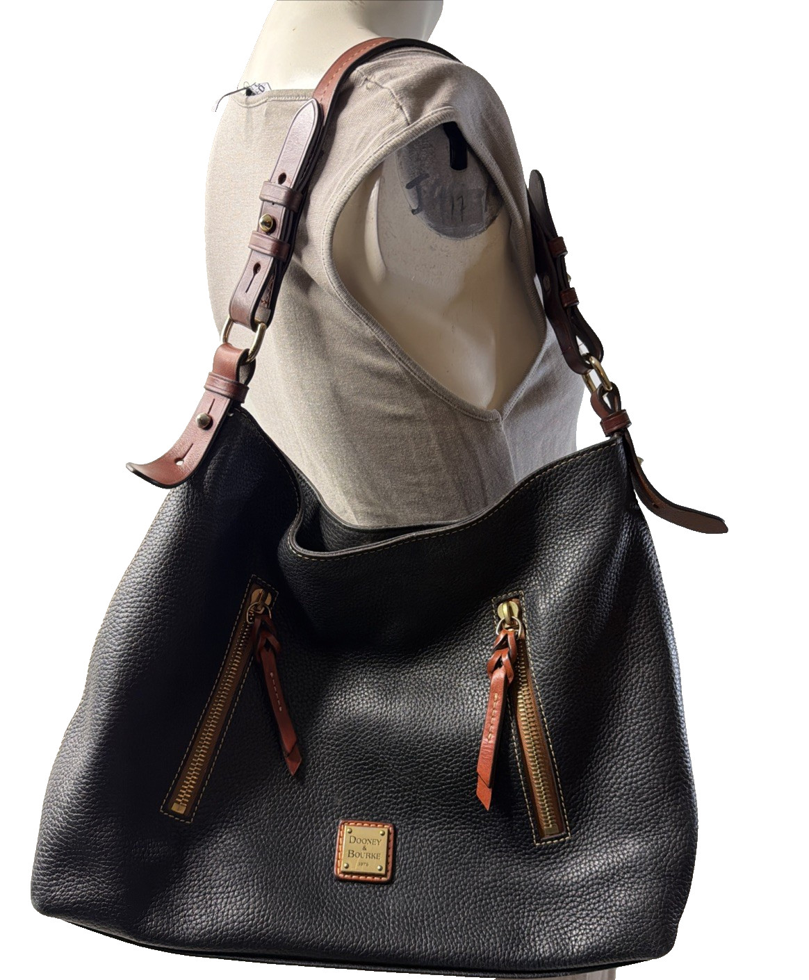 Dooney & Bourke Pebble Leather Hobo Bag Dark Navy Black Gold Hardware