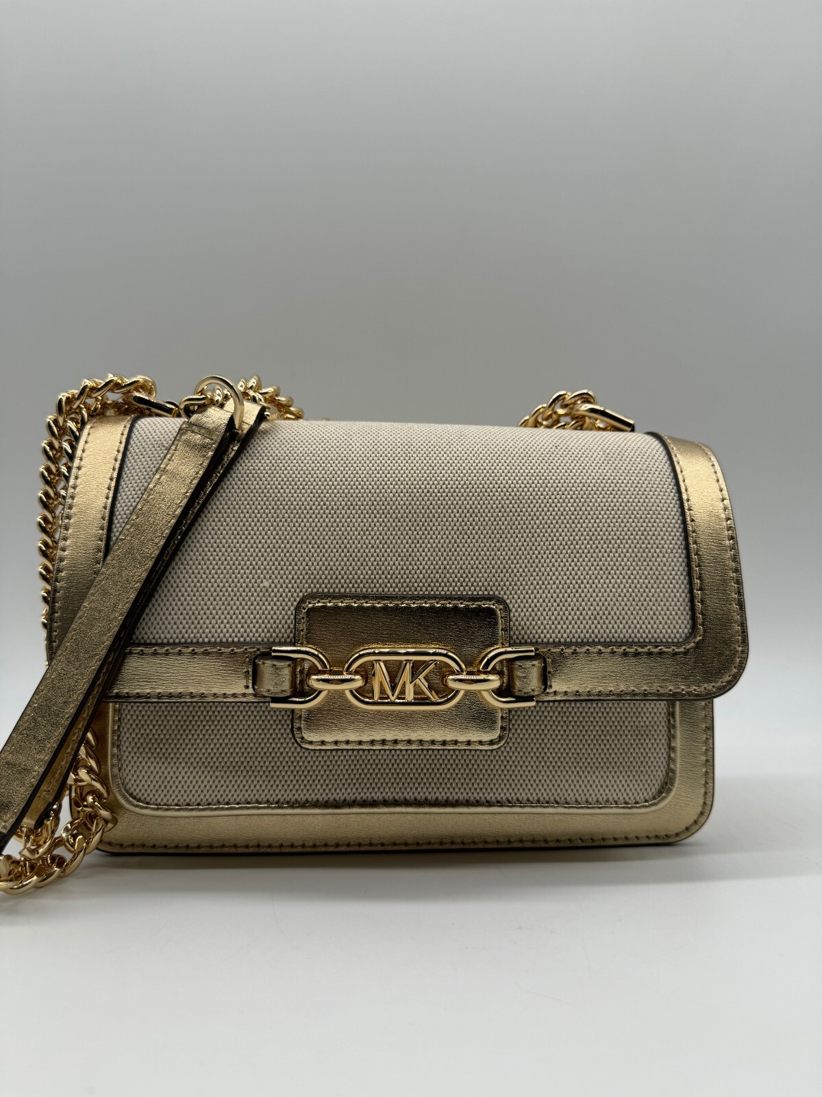 MICHAEL KORS Heather canvas leather large shoulder crossbody bag -GOLD/ NATURAL~