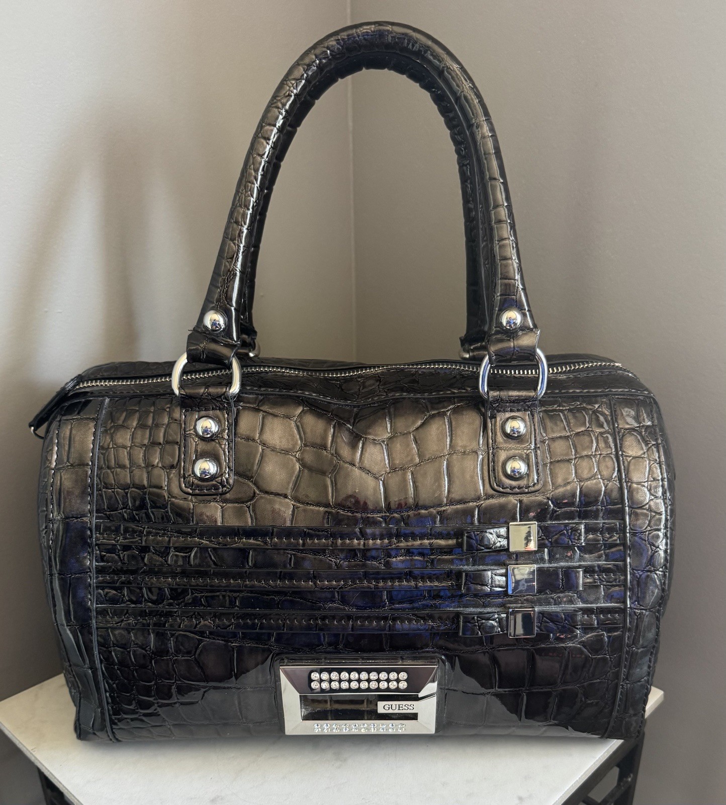 Vtg Guess 90’s Y2K Black Croc Patent Embossed Logo Doctor RHINESTONE Bow Bag