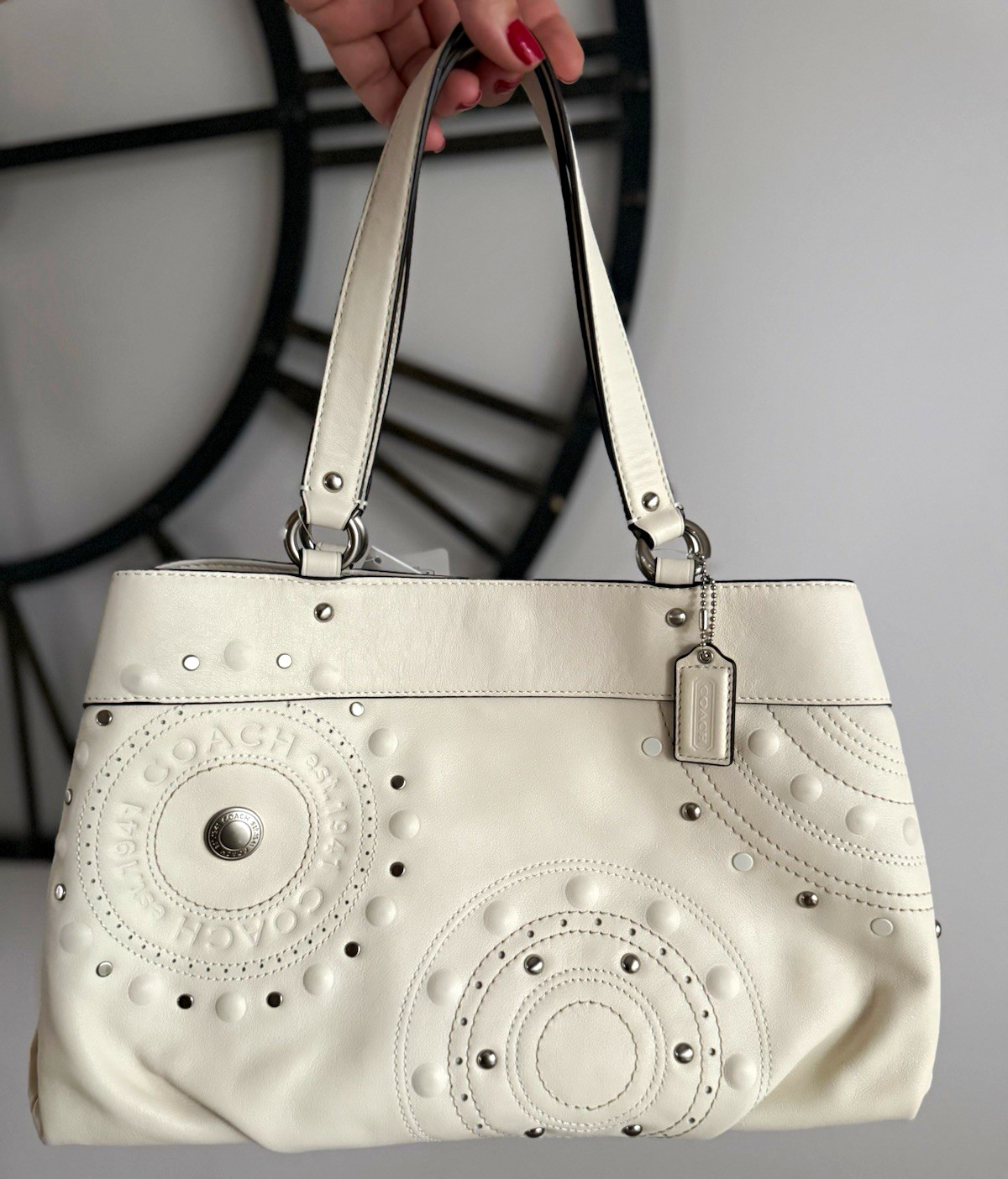 Coach White Studded Shoulder Bag Green Lining Silver Hardware Magnetic Close