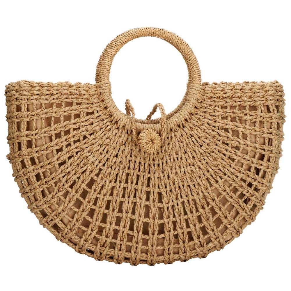 Straw Bags for ,Hand-woven Straw Top-handle Bag with Round Ring Handle Summer…