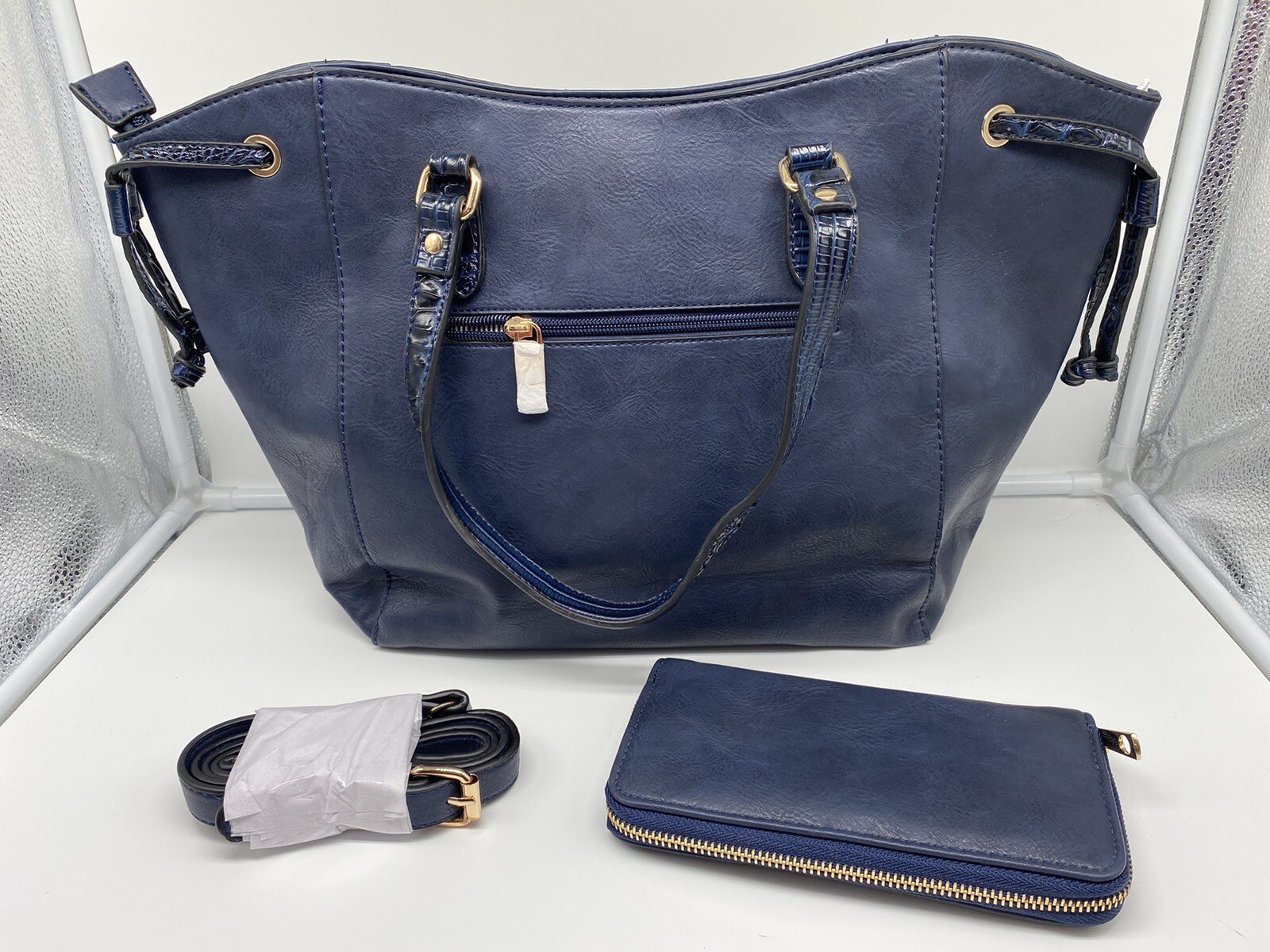 Le Miel Navy 2-in-1 Vegan Tote Purse 12″x17″x4-1/4″ With Matching Wallet