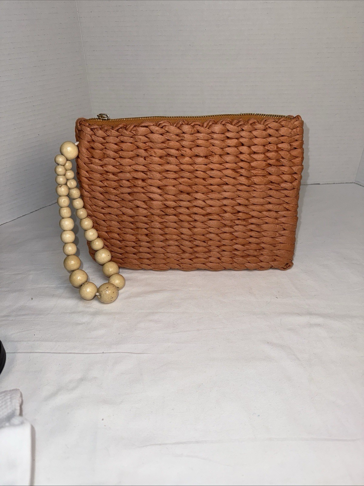 A New Day 100% Recycled Woven Paper Purse with Wood Beaded Handle, Rust 10”X 8”.