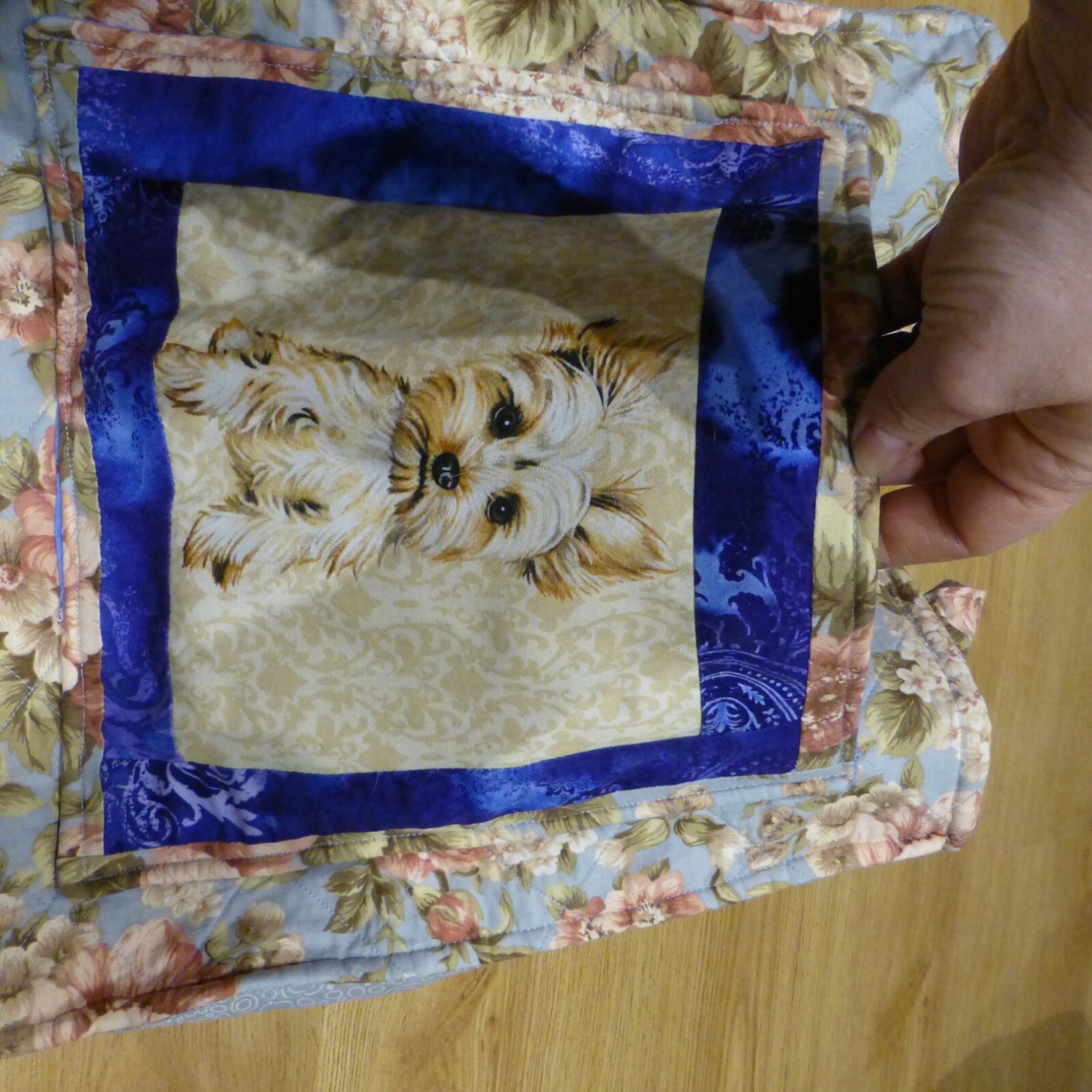 Used handmade sewn textile bad patchwork with dog + pocket on front,for shopping