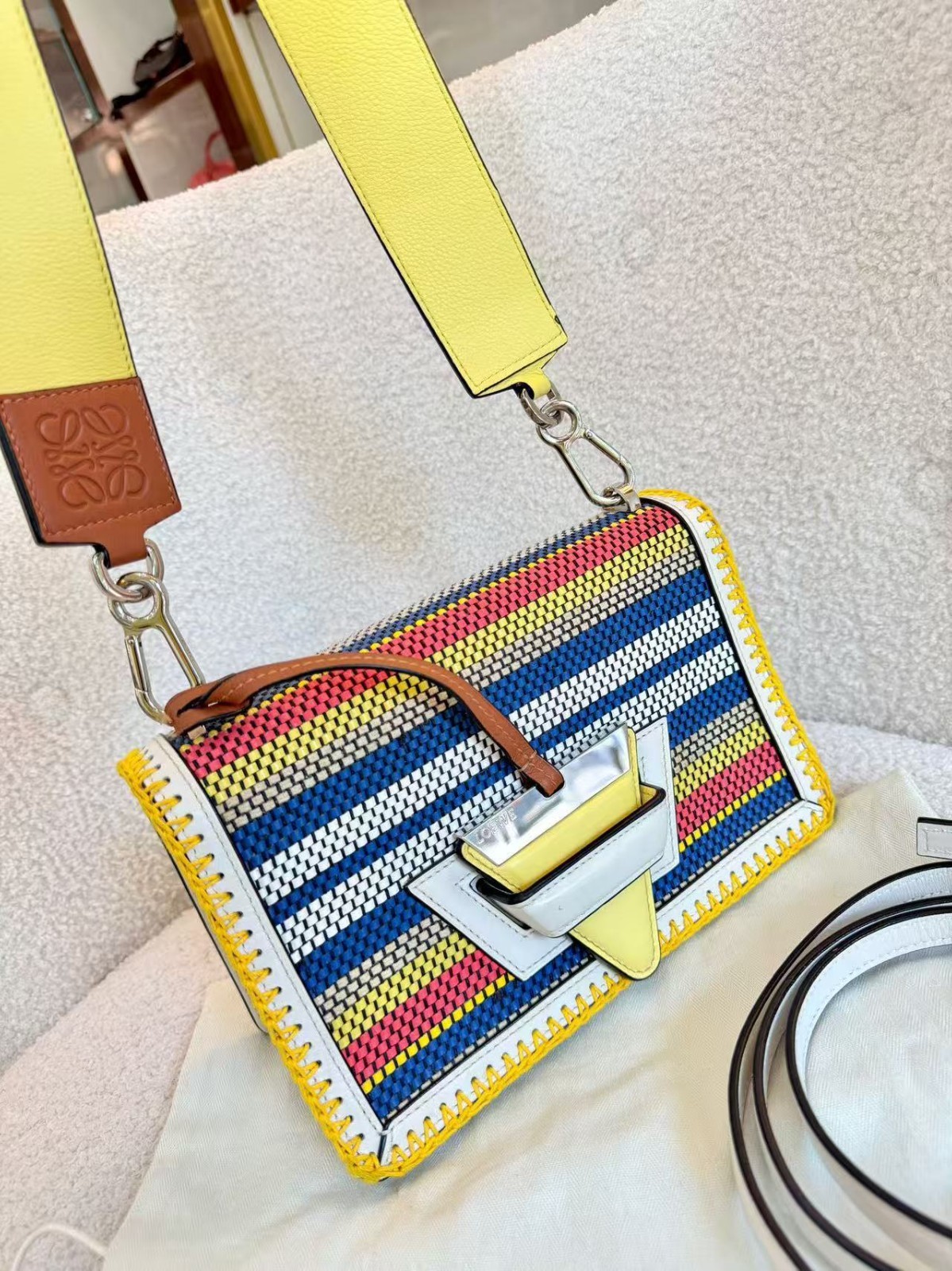 LOEWE Barcelona Bag Multicolour Woven Textile Calf Leather Trim Crossbody Should