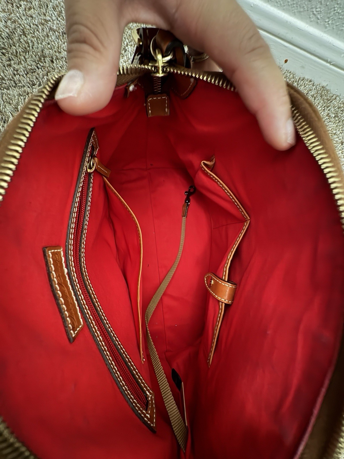Dooney & Bourke Brown Croc Pattern Zip Satchel Top Handle Red Lining