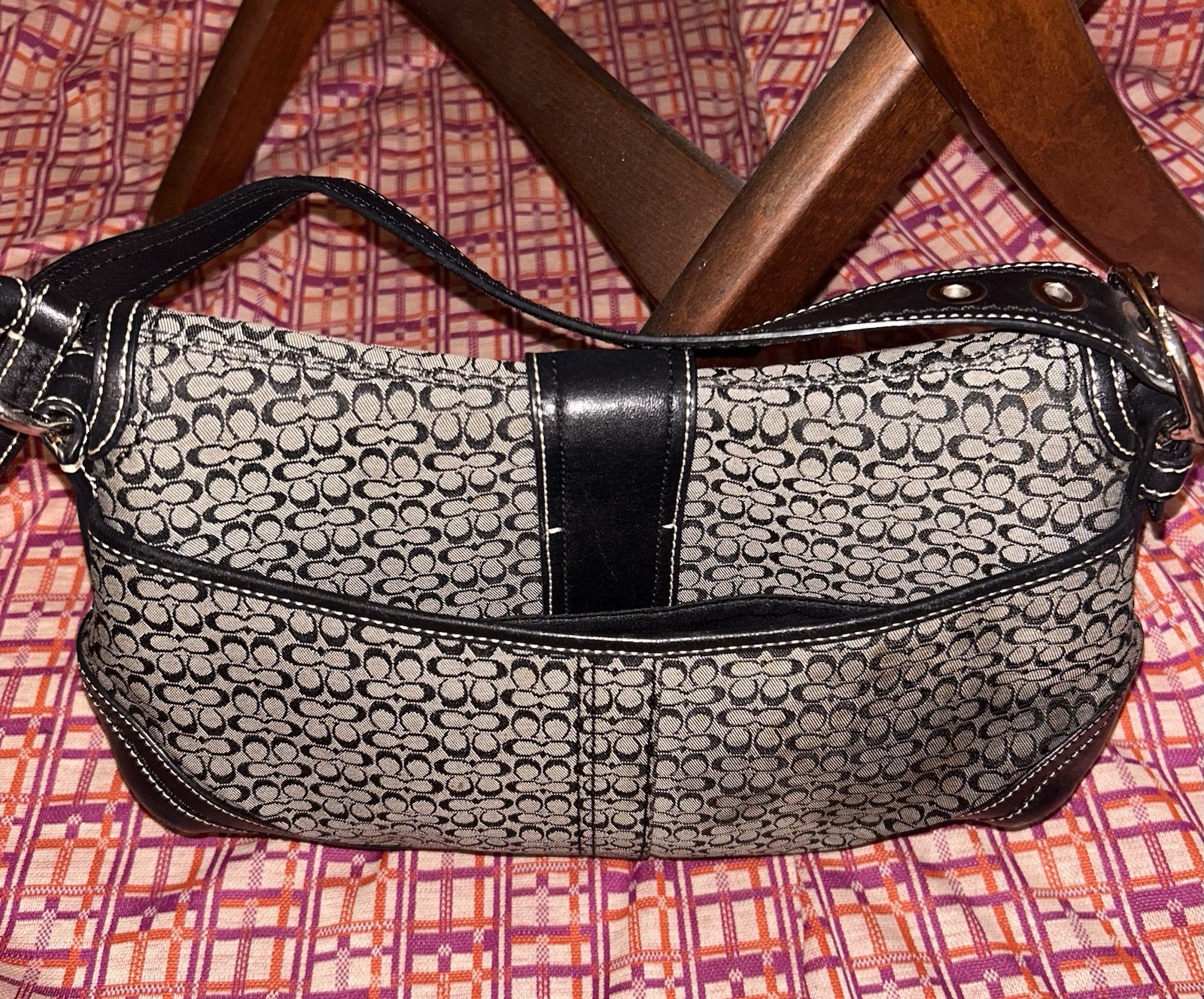 Vintage Coach Soho Signature Canvas Buckle Flap Shoulder Bag – Black – Excellent