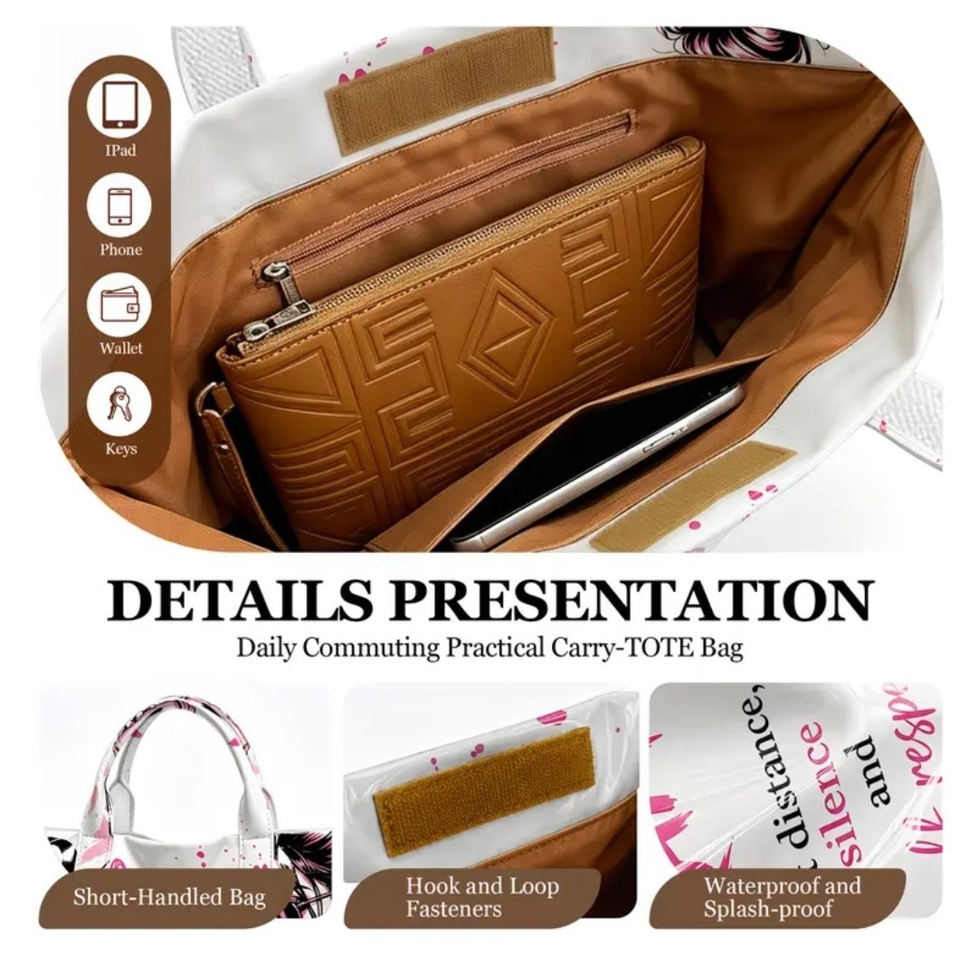 Women’s Inspired Cream Black Text Print PVC Tote Bag Top Handle