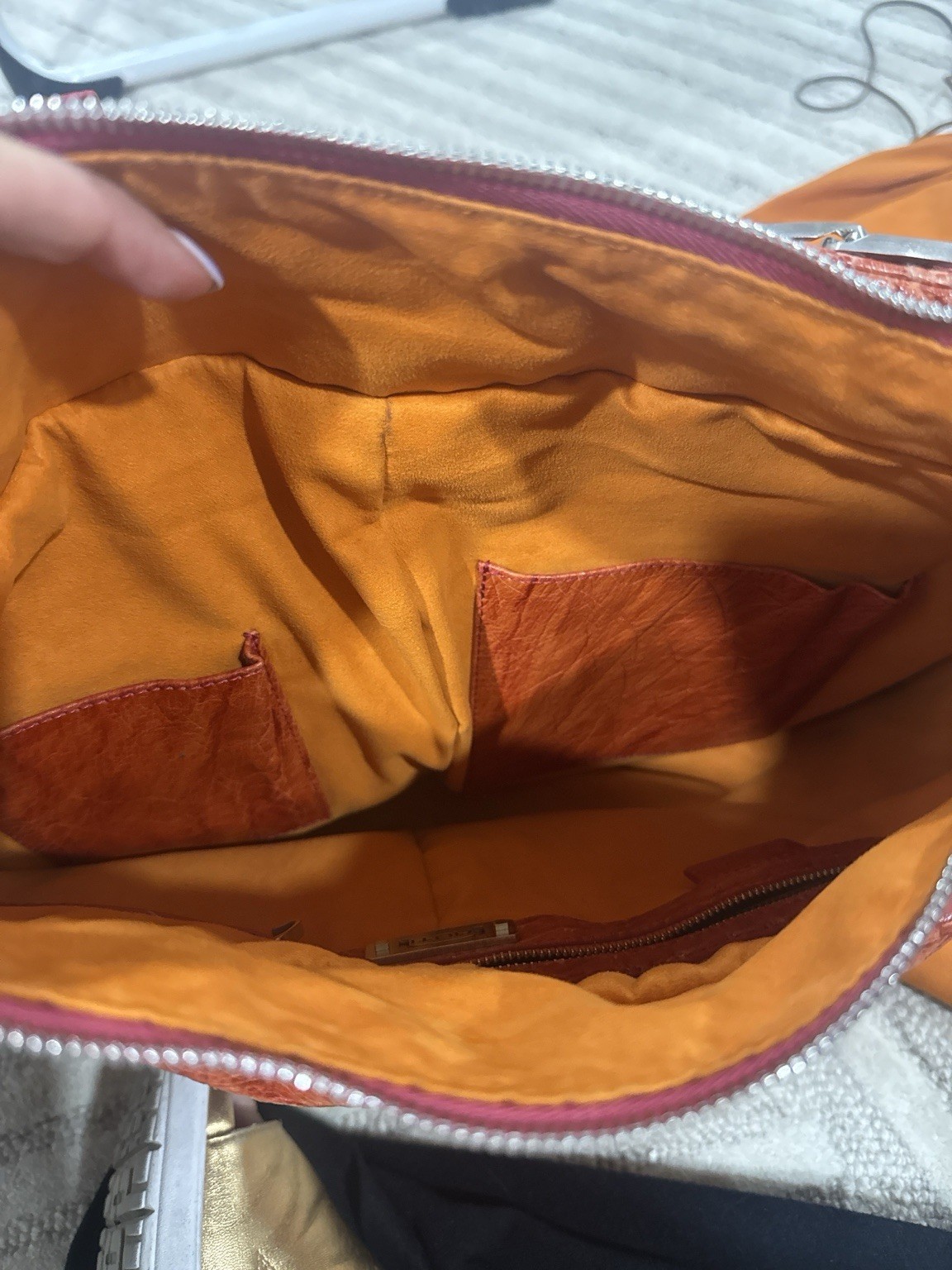 Nuti Orange Crescent Shoulder Bag Silver Hardware Zip Inner Pockets Dust Bag